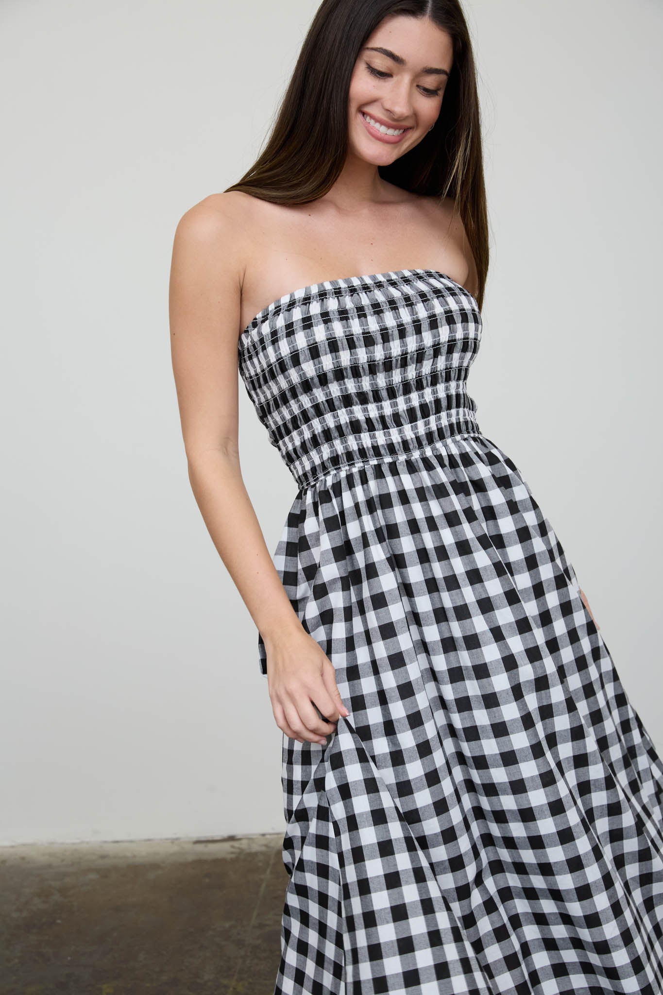 PLAID STRAPLESS SMOCKED MIDI SUNDRESS (PRE-ORDER)