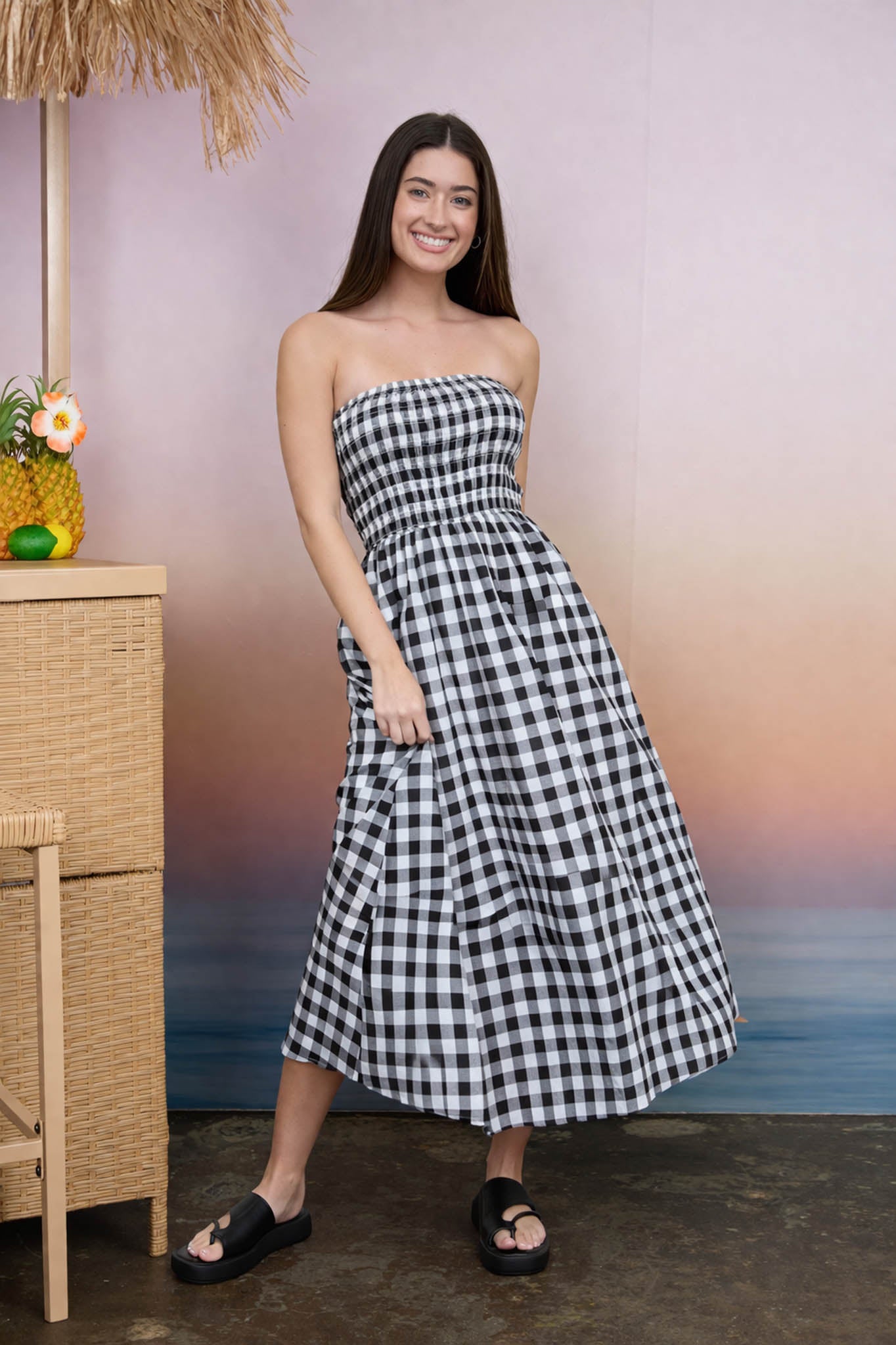 PLAID STRAPLESS SMOCKED MIDI SUNDRESS (PRE-ORDER)