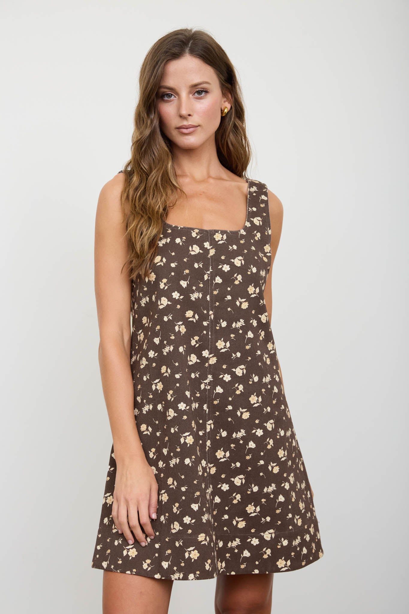 FLORAL FRONT SEAM SLEEVELESS DENIM MINI DRESS (PRE-ORDER)