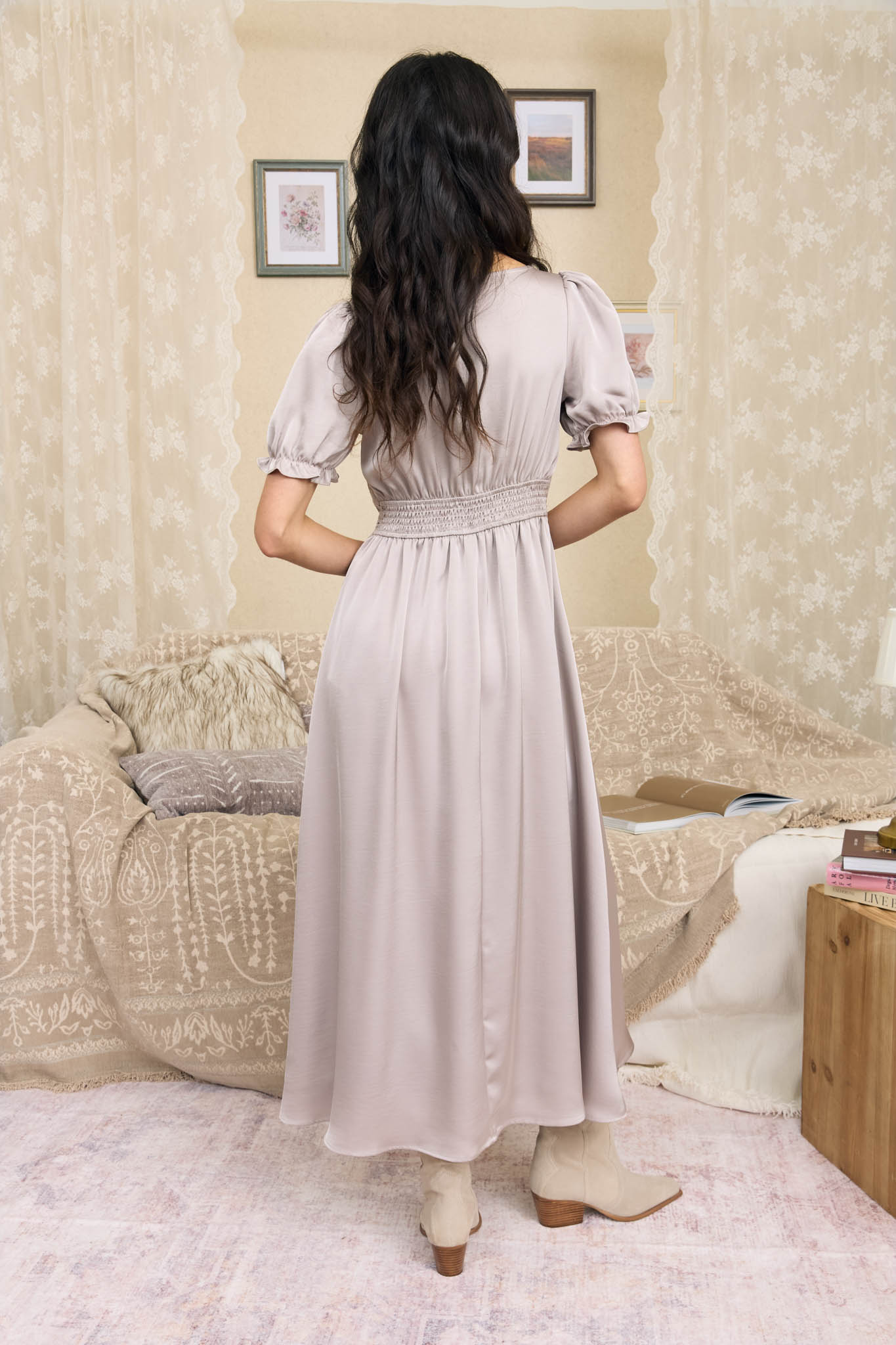 LACE BODICE FRONT TIE PUFF SLEEVE SATIN MIDI DRESS (PRE-ORDER)