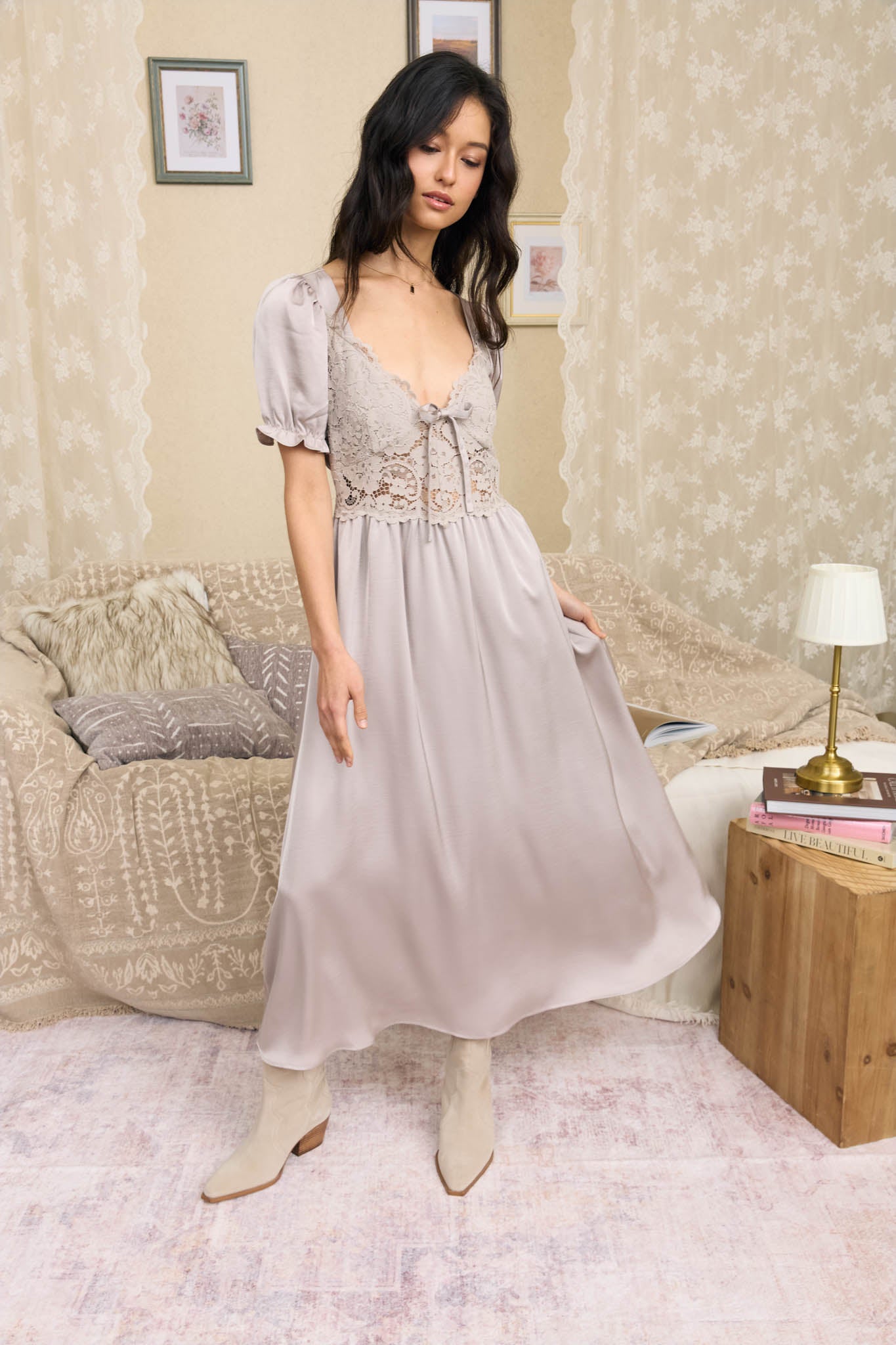 LACE BODICE FRONT TIE PUFF SLEEVE SATIN MIDI DRESS (PRE-ORDER)