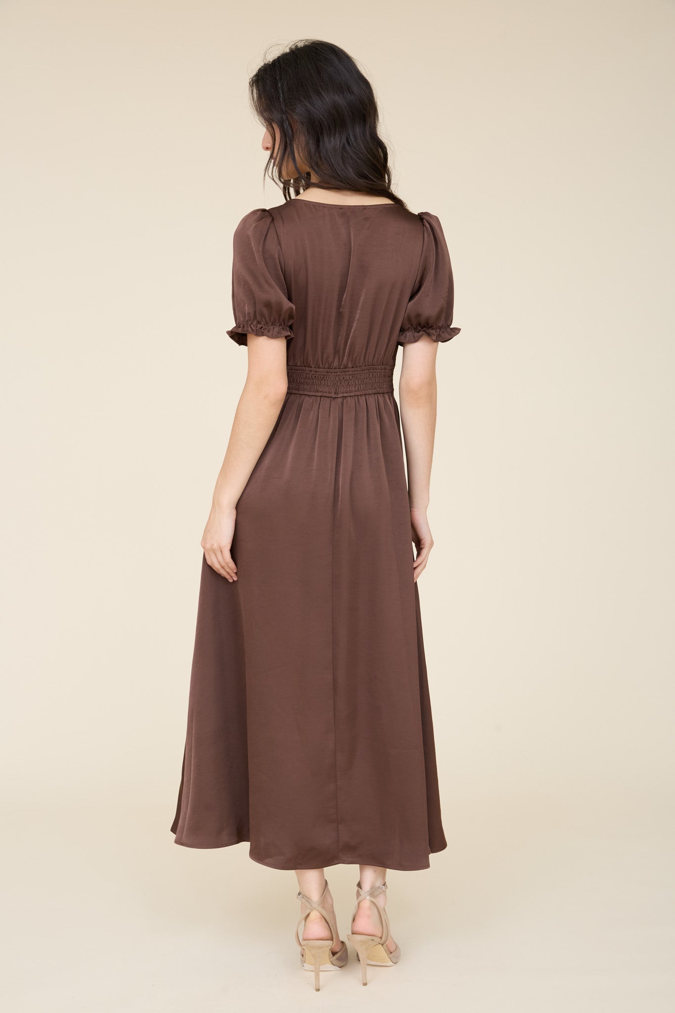 LACE BODICE FRONT TIE PUFF SLEEVE SATIN MIDI DRESS (PRE-ORDER)