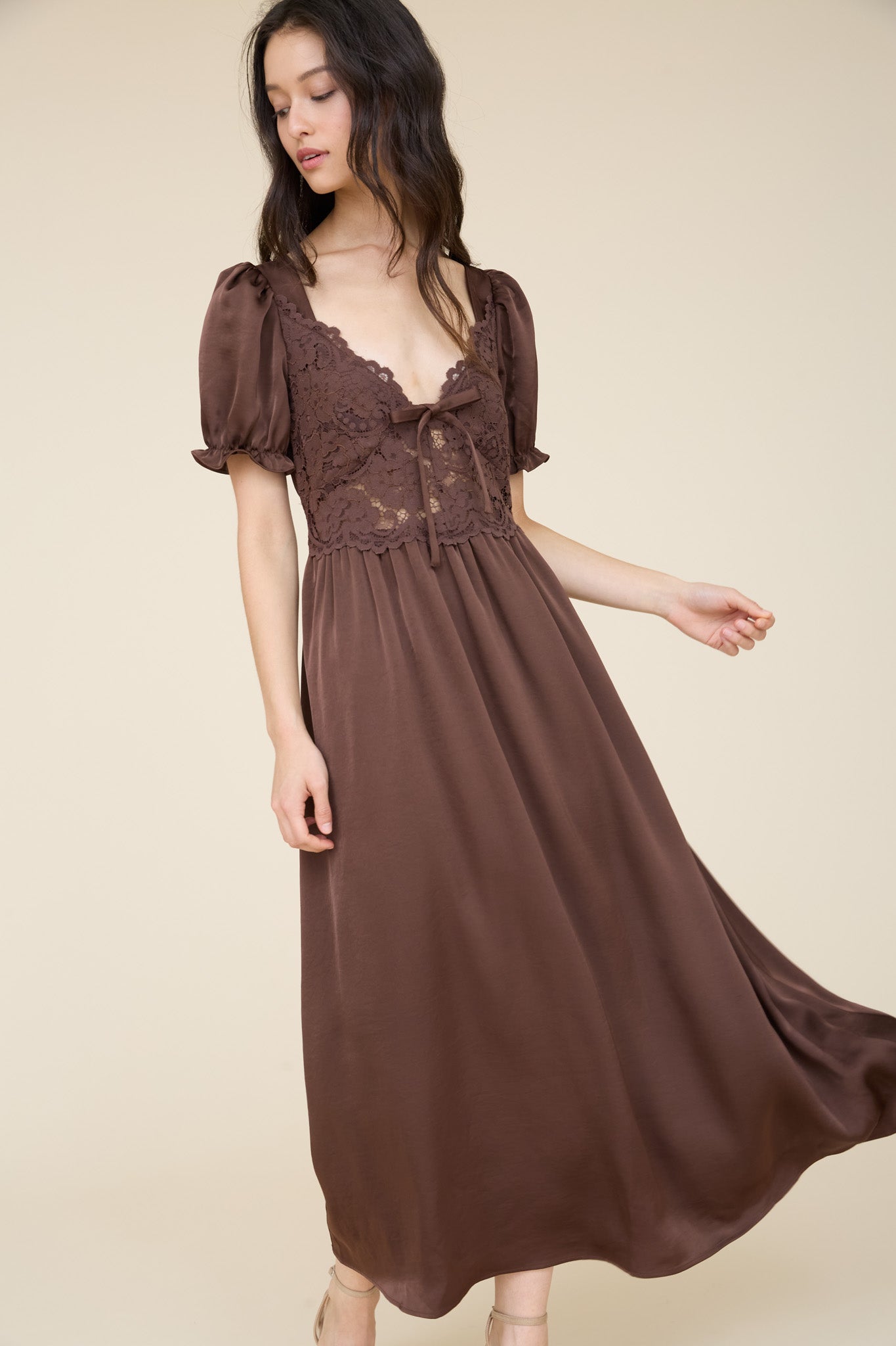 LACE BODICE FRONT TIE PUFF SLEEVE SATIN MIDI DRESS (PRE-ORDER)