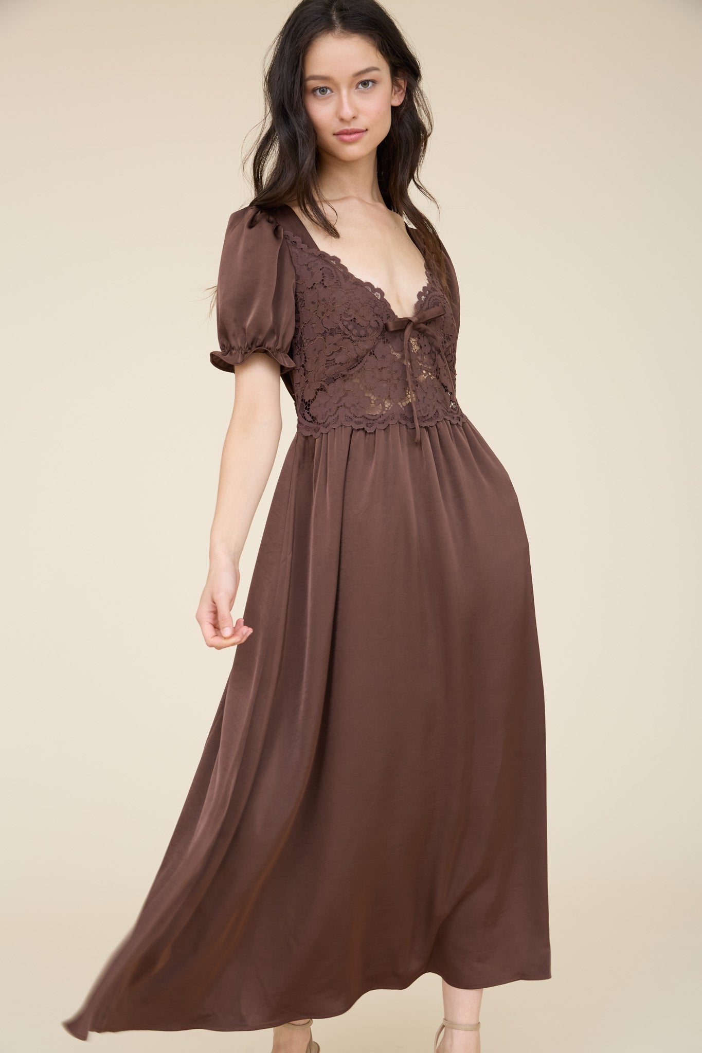 LACE BODICE FRONT TIE PUFF SLEEVE SATIN MIDI DRESS (PRE-ORDER)