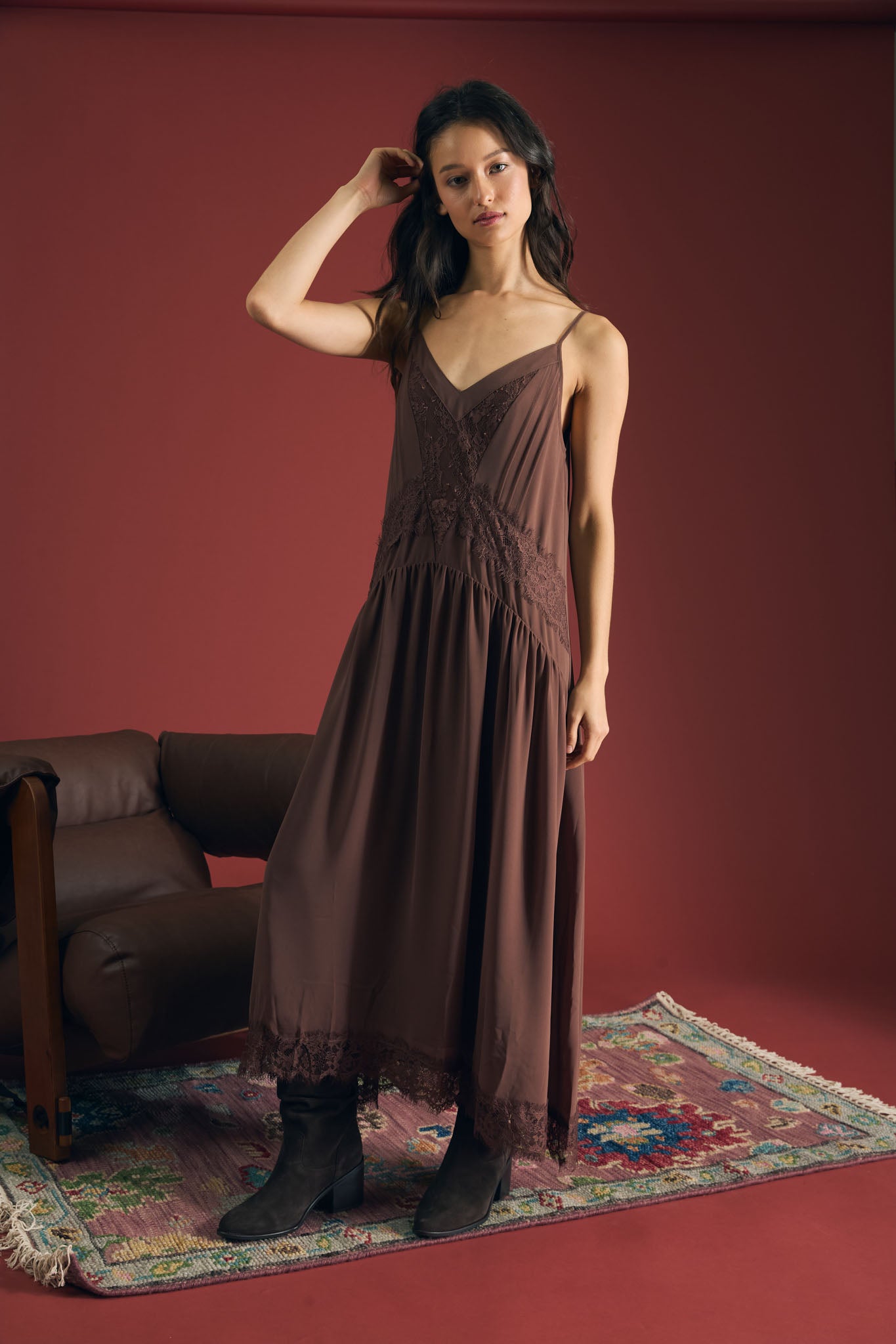 LACE TRIM DROP WAIST SPAGHETTI STRAP MIDI DRESS (PRE-ORDER)