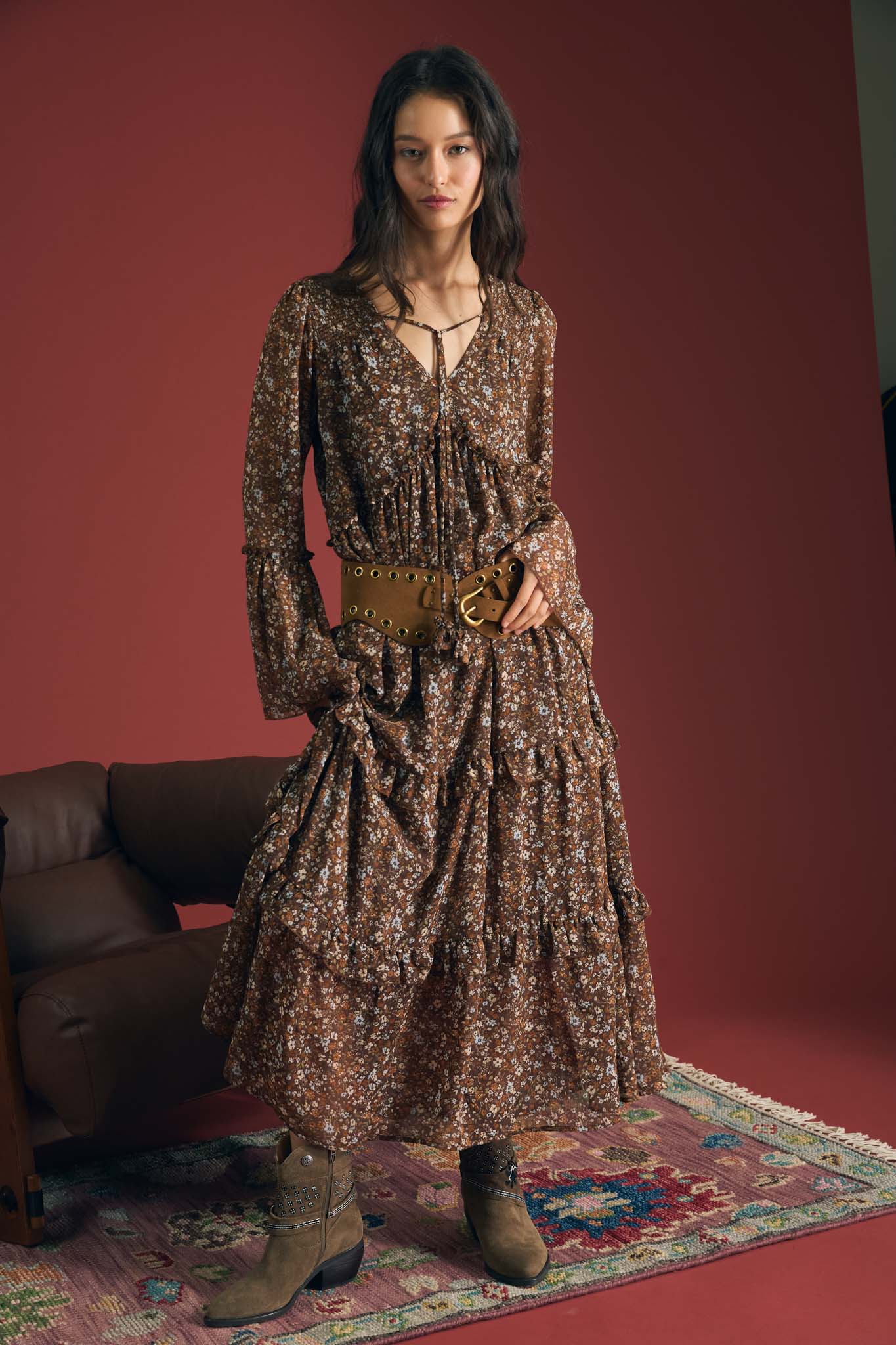 FLORAL ORGANZA V NECK LONG SLEEVE TUNIC MIDI DRESS (PRE-ORDER)