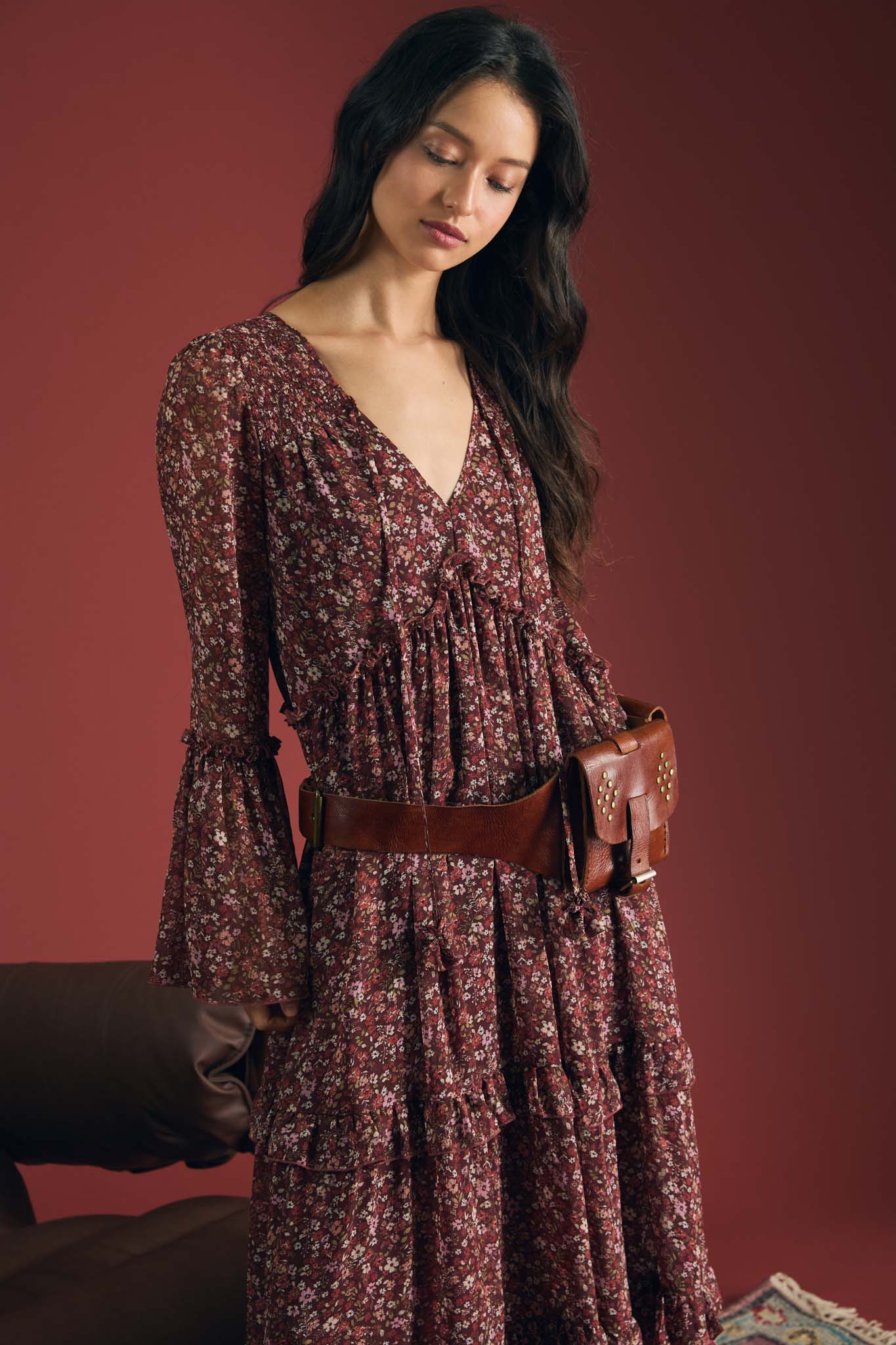 FLORAL ORGANZA V NECK LONG SLEEVE TUNIC MIDI DRESS (PRE-ORDER)