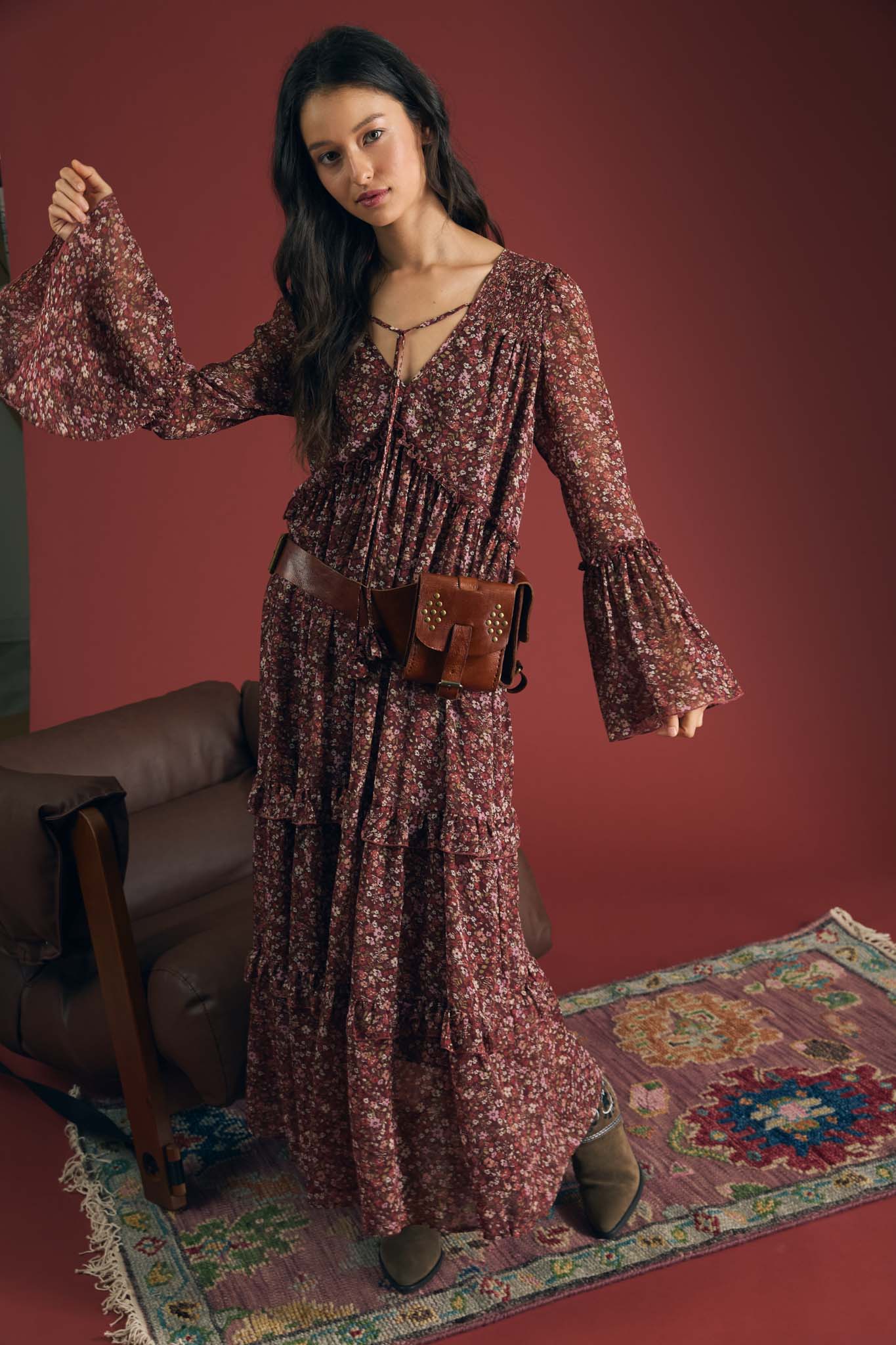 FLORAL ORGANZA V NECK LONG SLEEVE TUNIC MIDI DRESS (PRE-ORDER)
