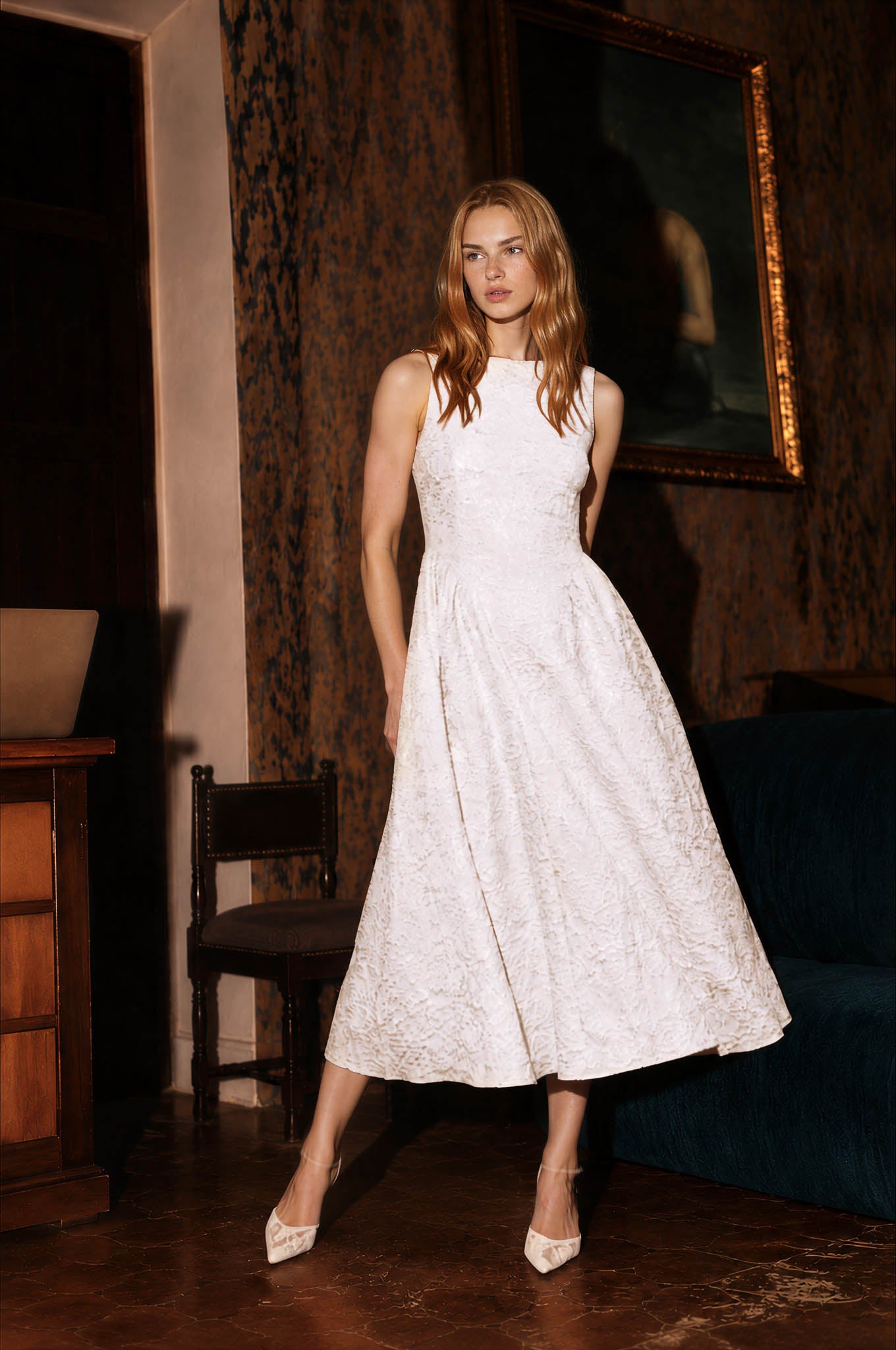 TEXTURED FLORAL JACQUARD BOAT NECK MIDI DRESS