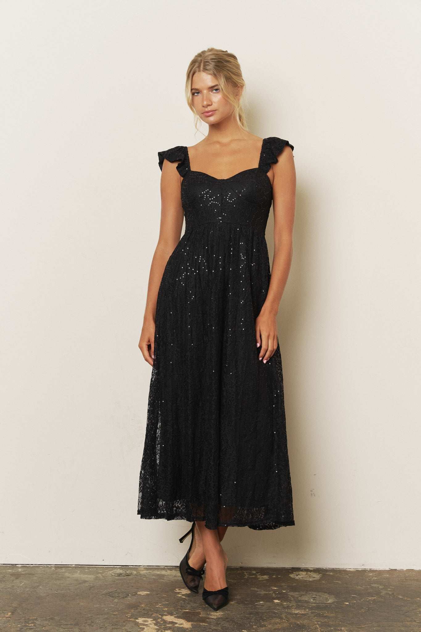 SEQUIN SWEETHEART RUFFLE STRAP CORSET MIDI DRESS