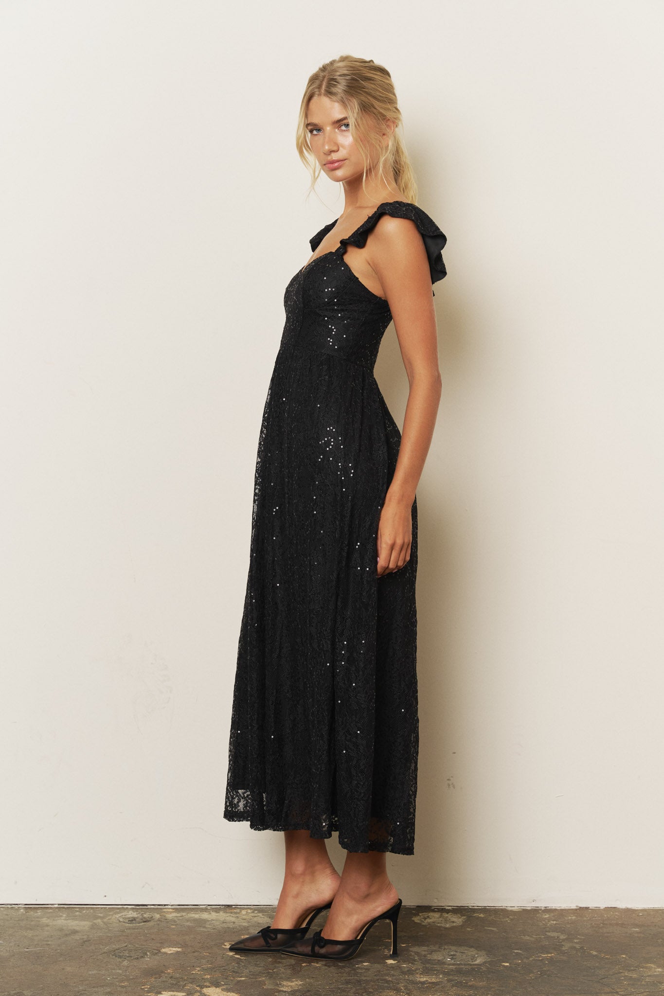 SEQUIN SWEETHEART RUFFLE STRAP CORSET MIDI DRESS