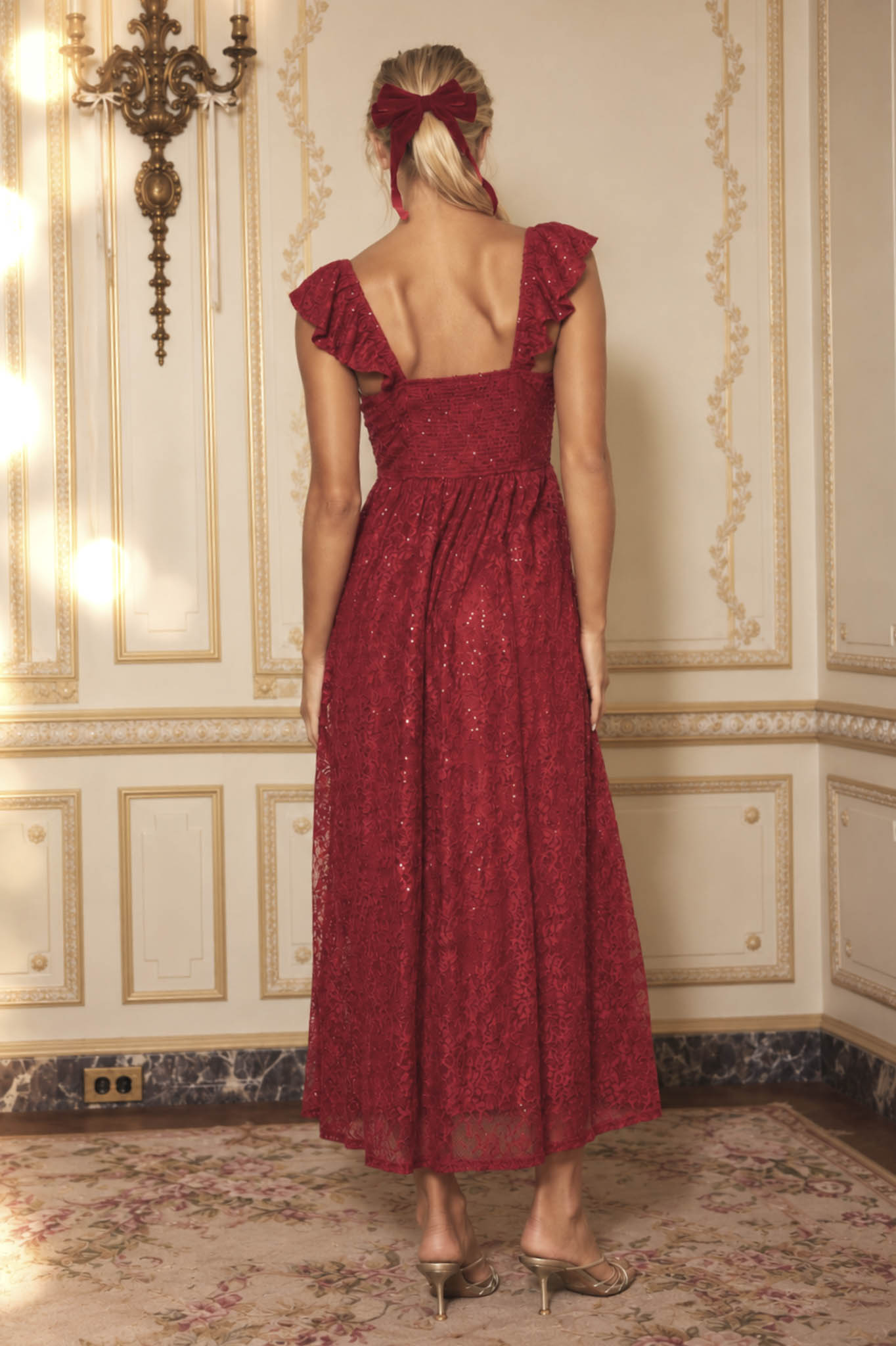 SEQUIN SWEETHEART RUFFLE STRAP CORSET MIDI DRESS