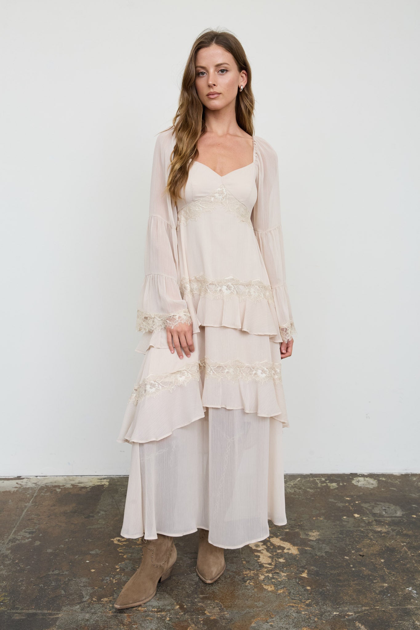 RUFFLE TIERED LACE TRIM LONG SLEEVE MIDI DRESS (PRE-ORDER)