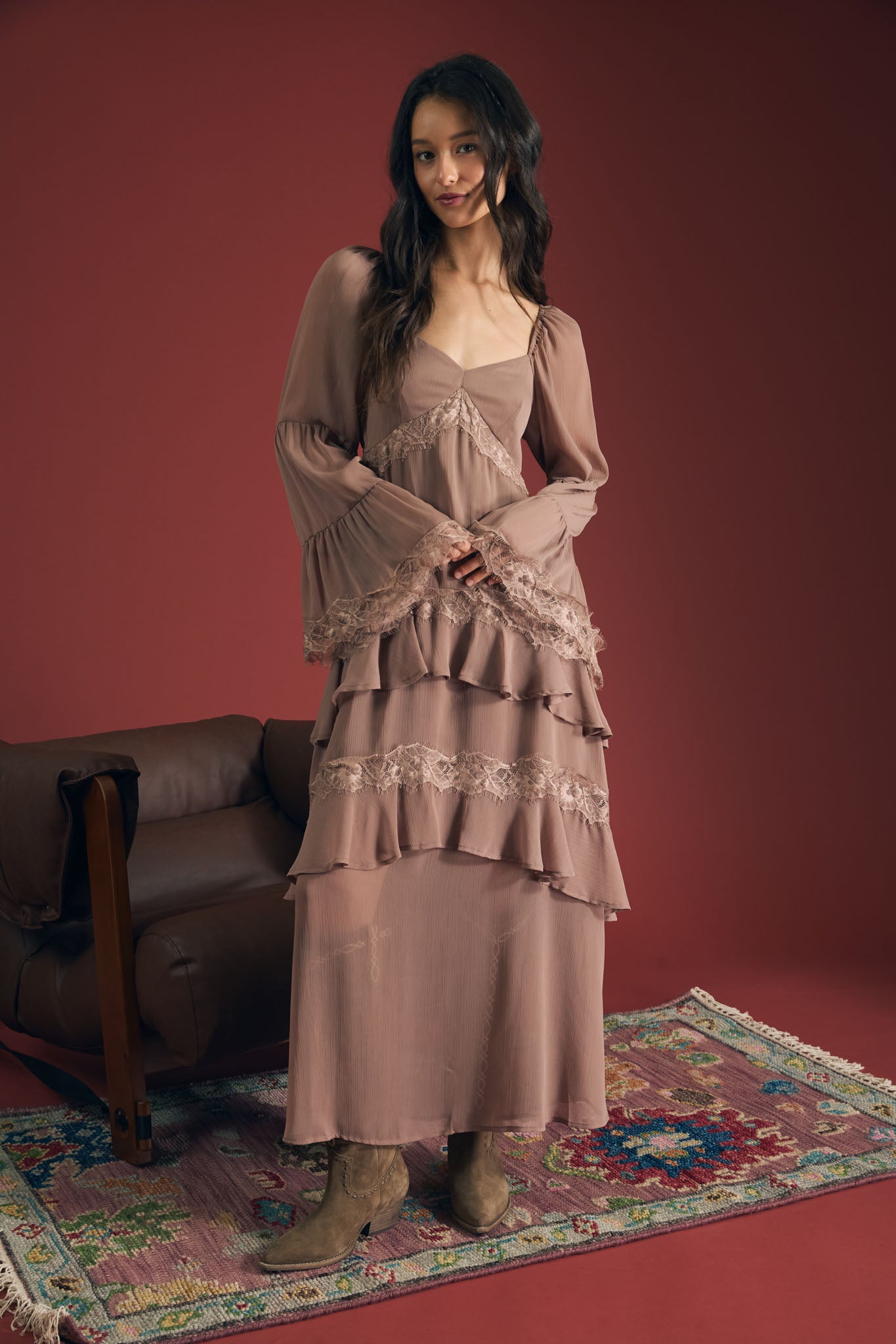 RUFFLE TIERED LACE TRIM LONG SLEEVE MIDI DRESS (PRE-ORDER)