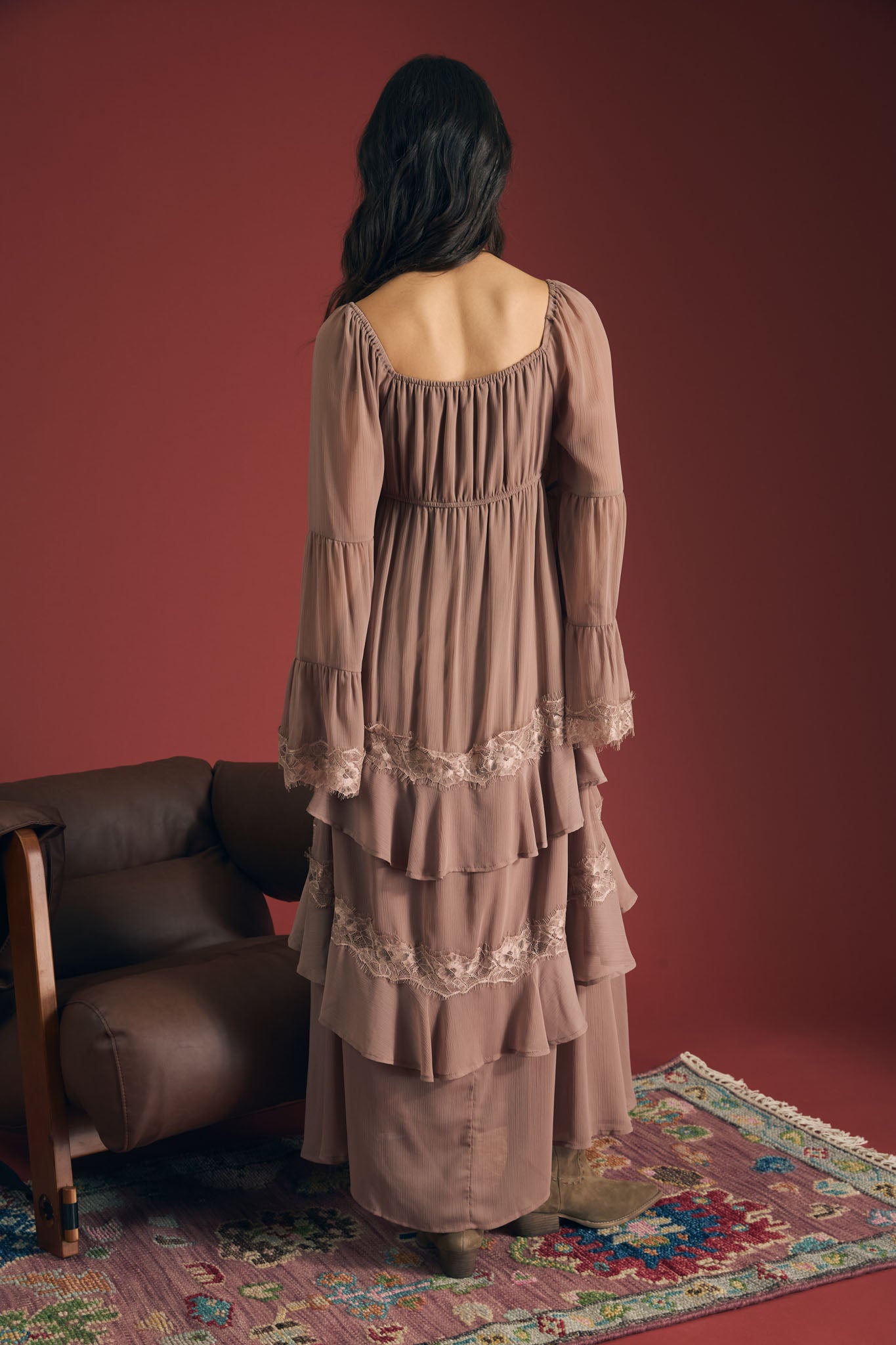 RUFFLE TIERED LACE TRIM LONG SLEEVE MIDI DRESS (PRE-ORDER)