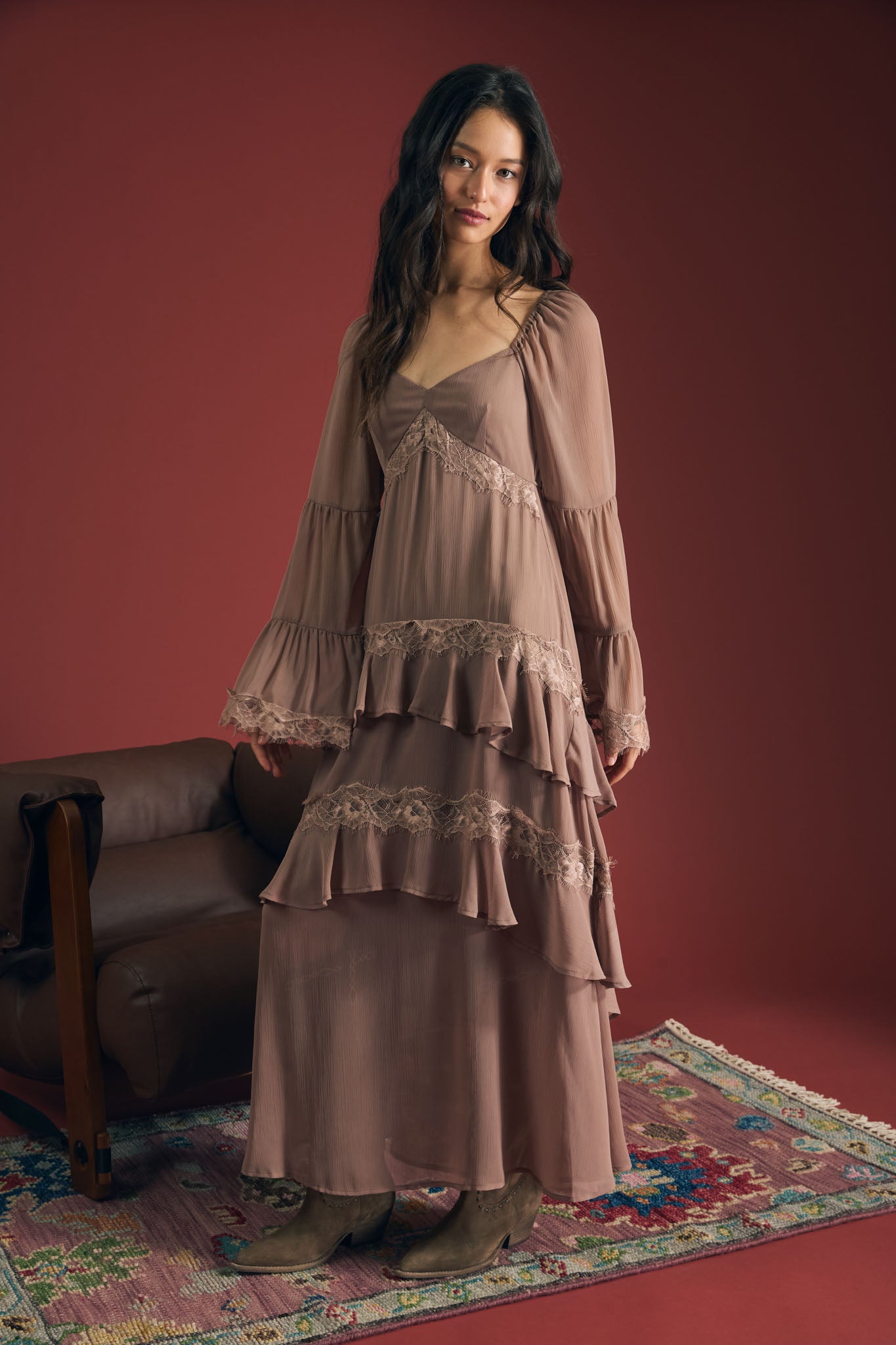 RUFFLE TIERED LACE TRIM LONG SLEEVE MIDI DRESS (PRE-ORDER)