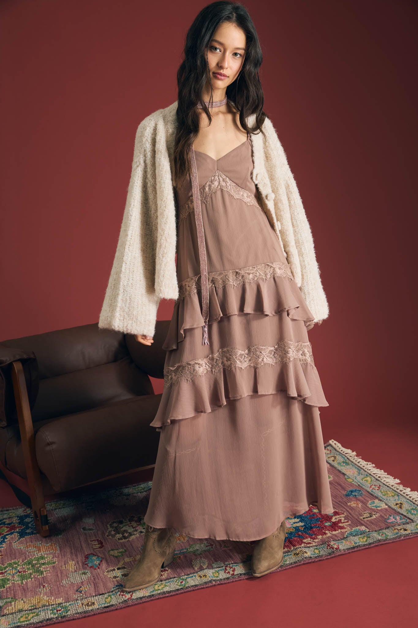 RUFFLE TIERED LACE TRIM LONG SLEEVE MIDI DRESS (PRE-ORDER)