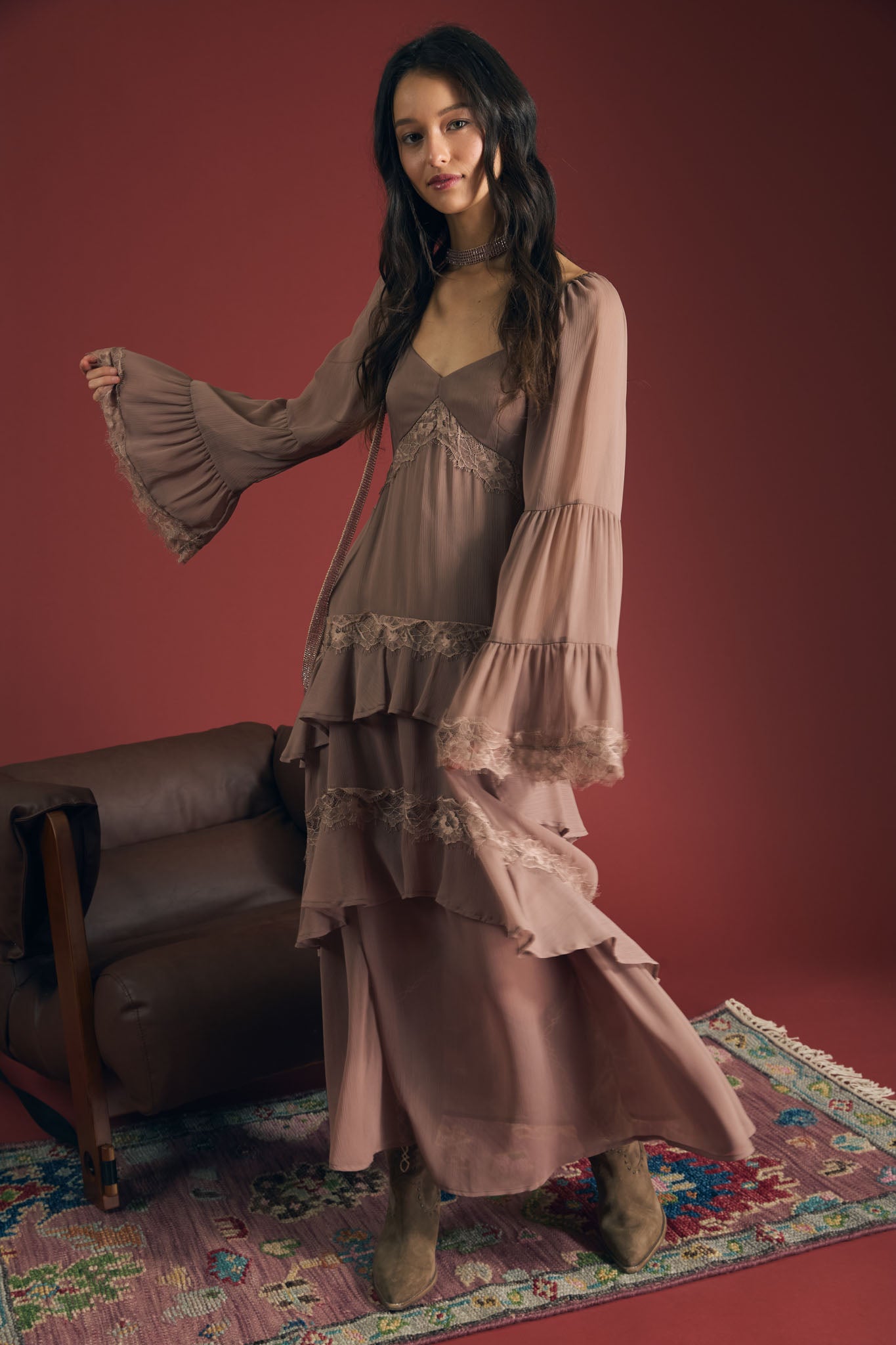 RUFFLE TIERED LACE TRIM LONG SLEEVE MIDI DRESS (PRE-ORDER)
