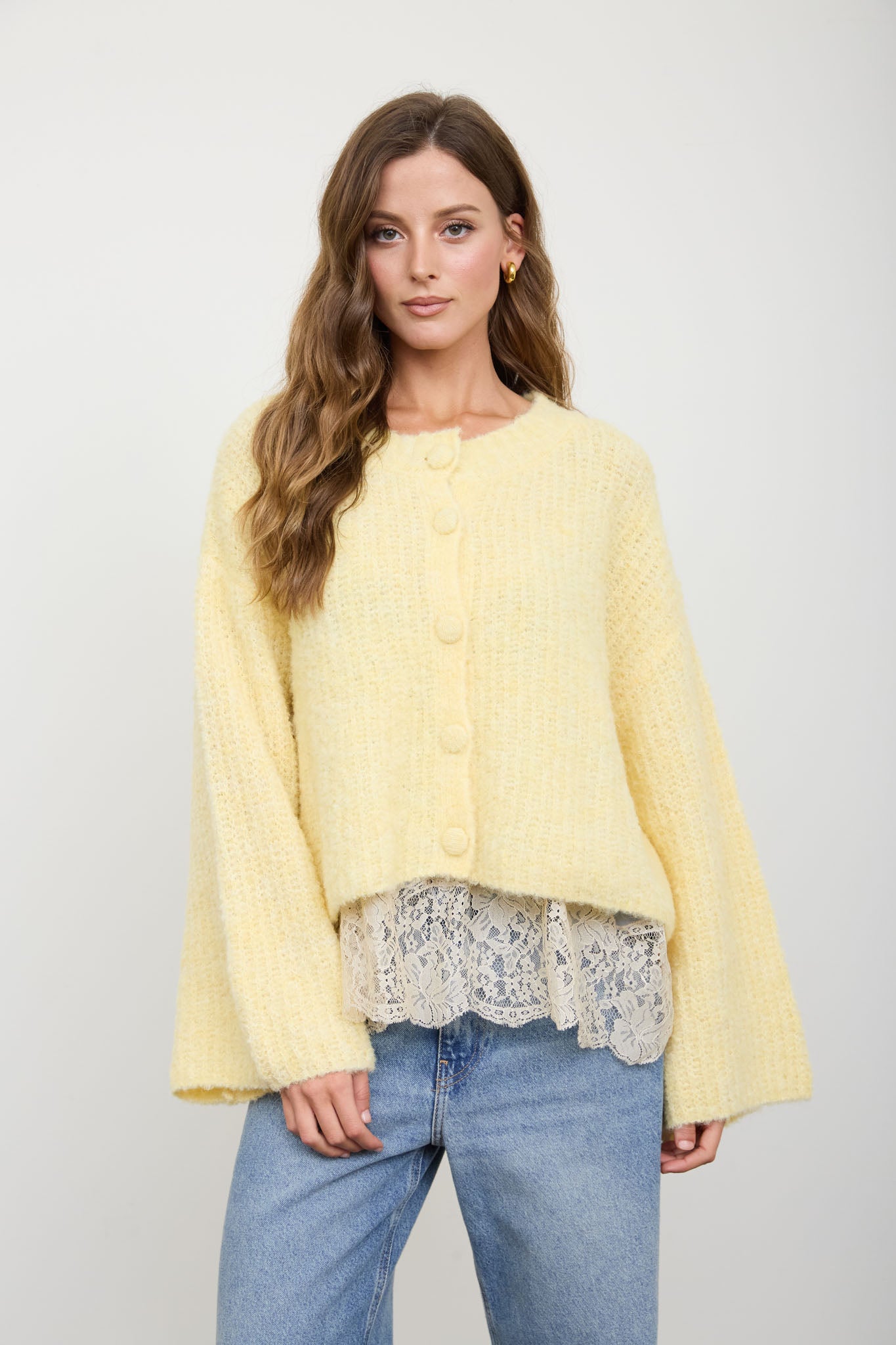 FUZZY KNIT BUTTON DOWN BOXY CARDIGAN SWEATER