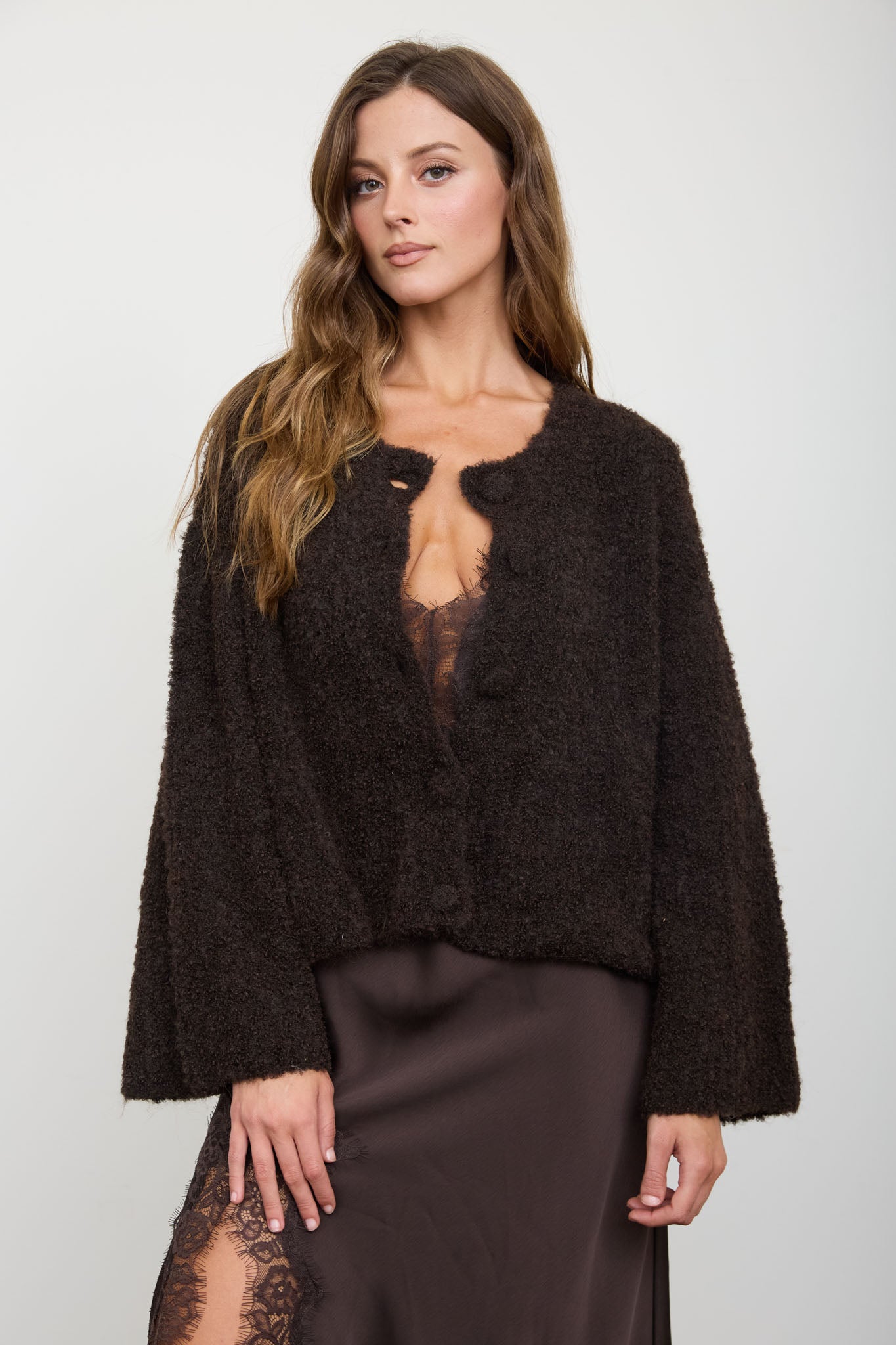 FUZZY KNIT BUTTON DOWN BOXY CARDIGAN SWEATER