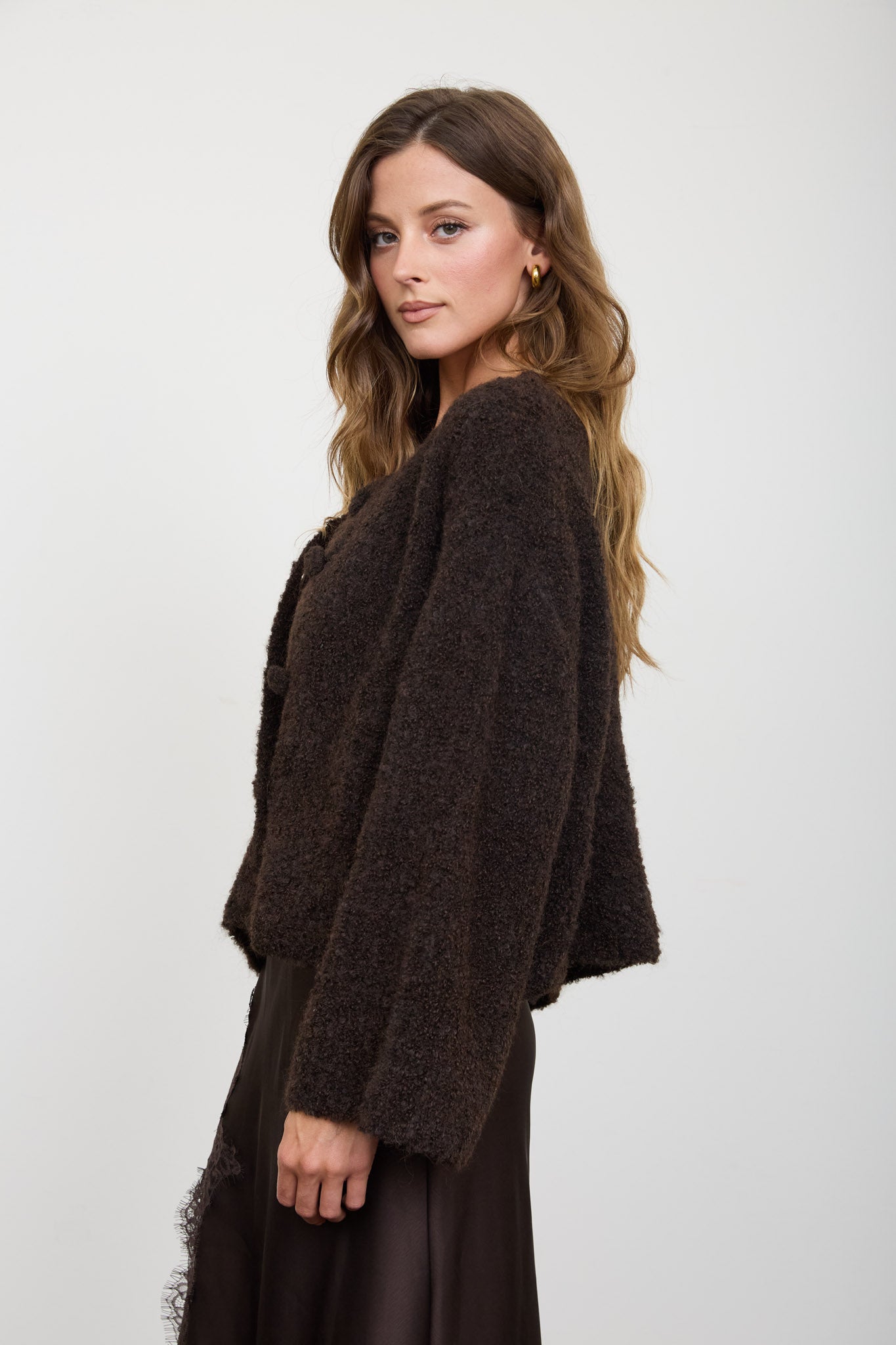 FUZZY KNIT BUTTON DOWN BOXY CARDIGAN SWEATER