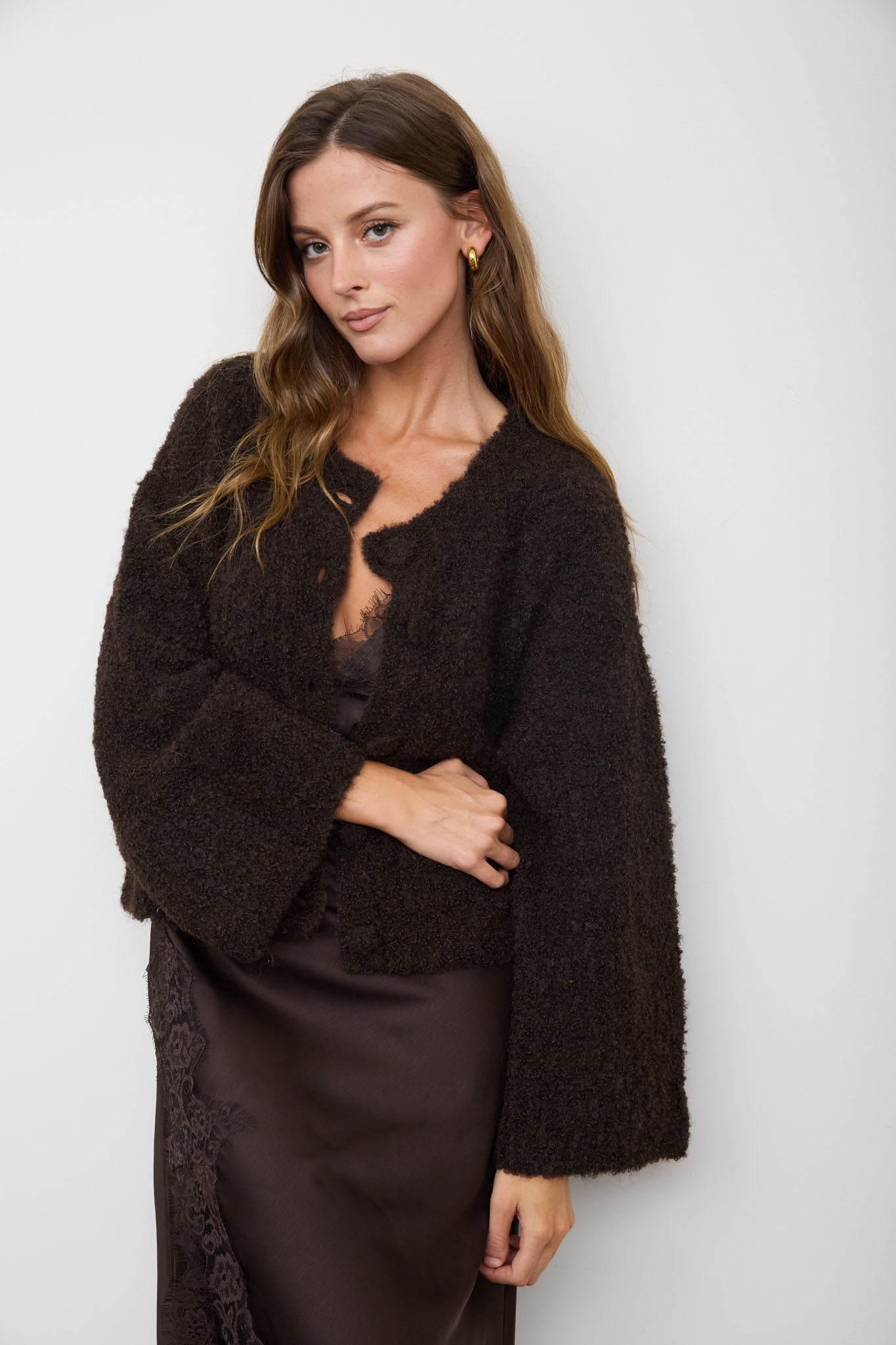 FUZZY KNIT BUTTON DOWN BOXY CARDIGAN SWEATER