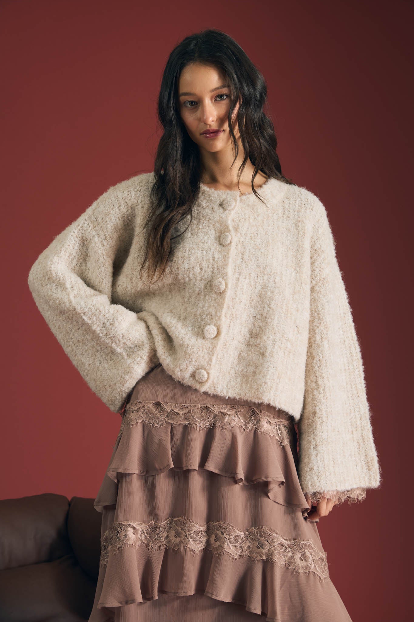 FUZZY KNIT BUTTON DOWN BOXY CARDIGAN SWEATER
