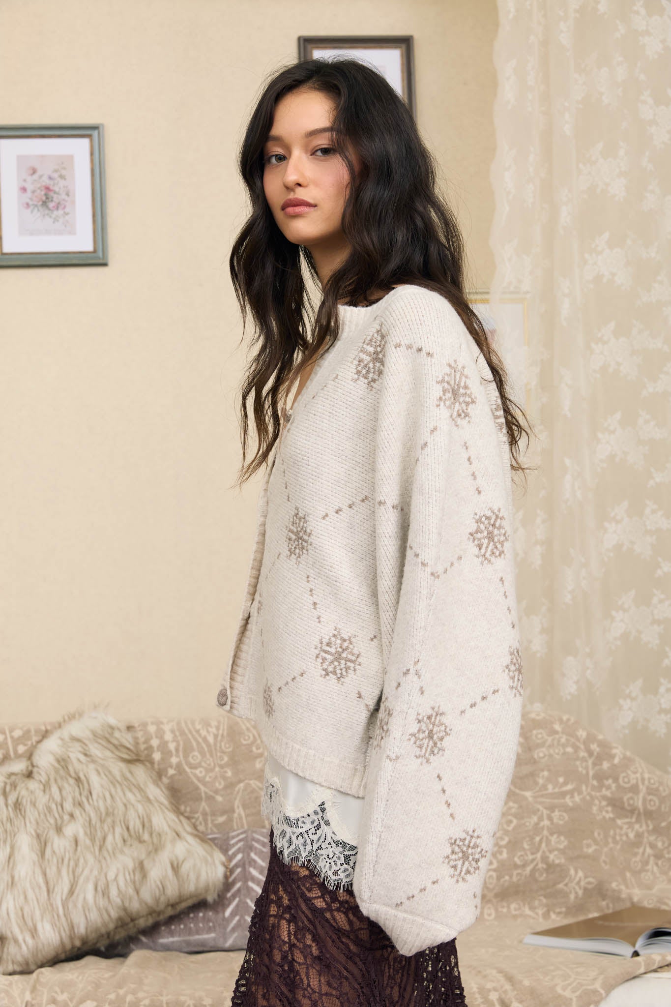 SNOWFLAKE JACQUARD BUTTON DOWN KNIT CARDIGAN