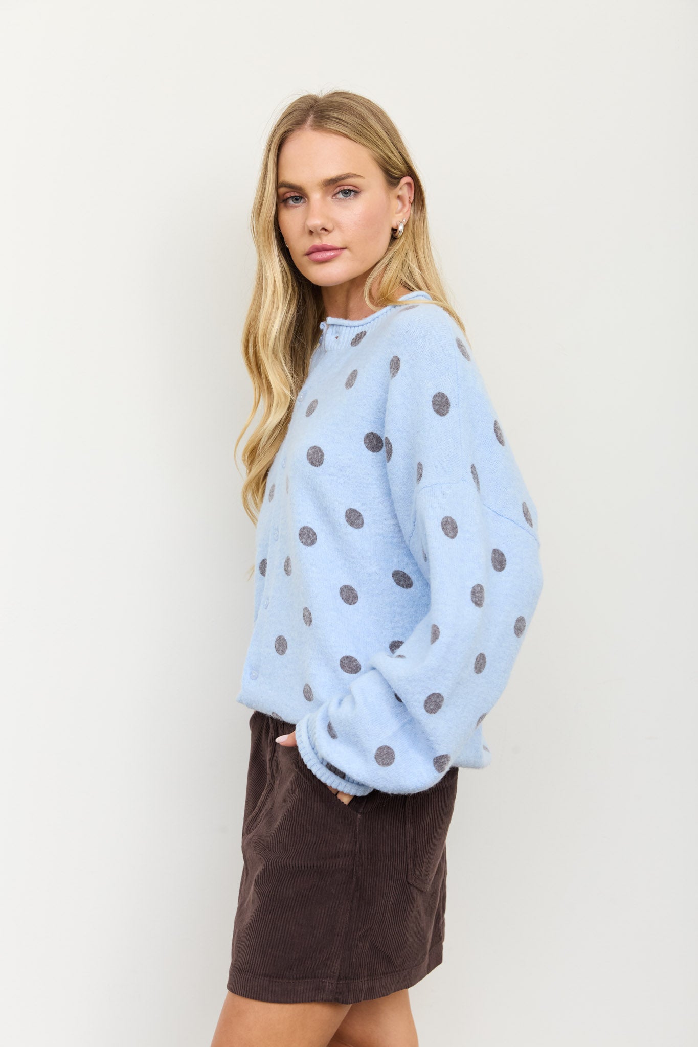 POLKA DOT RAW EDGE WIDE SLEEVE KNIT CARDIGAN (PRE-ORDER)