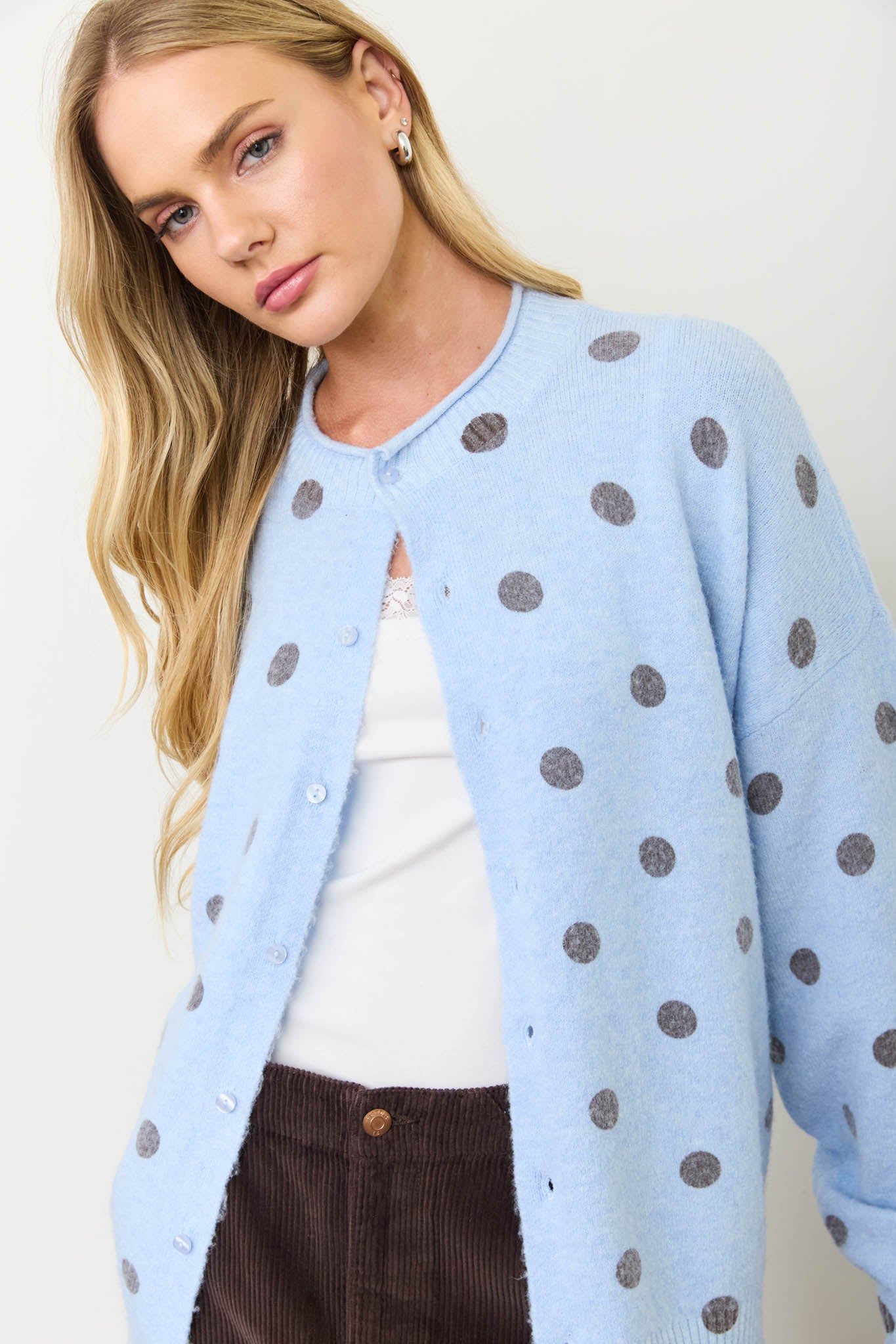 POLKA DOT RAW EDGE WIDE SLEEVE KNIT CARDIGAN (PRE-ORDER)