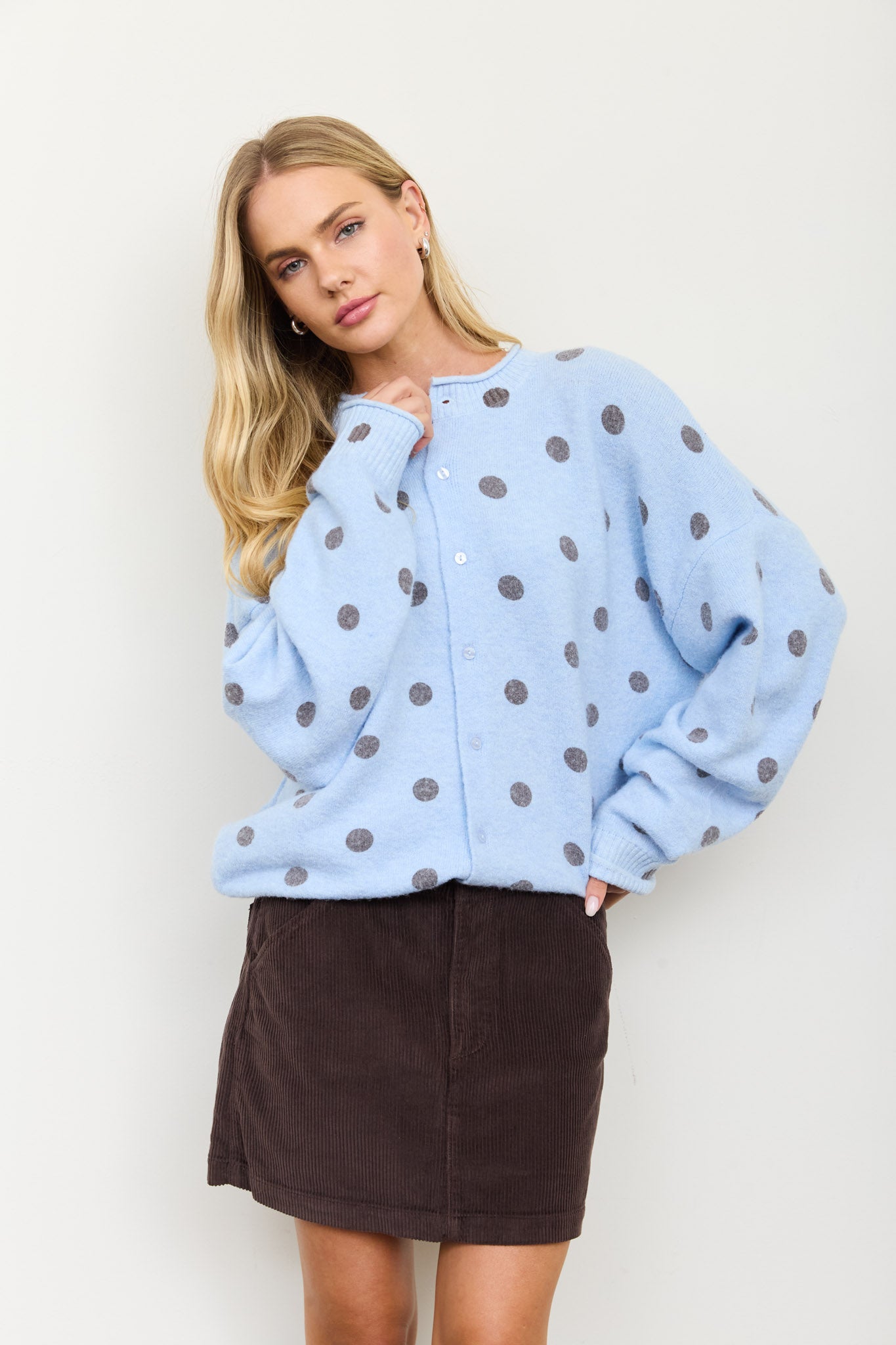 POLKA DOT RAW EDGE WIDE SLEEVE KNIT CARDIGAN (PRE-ORDER)