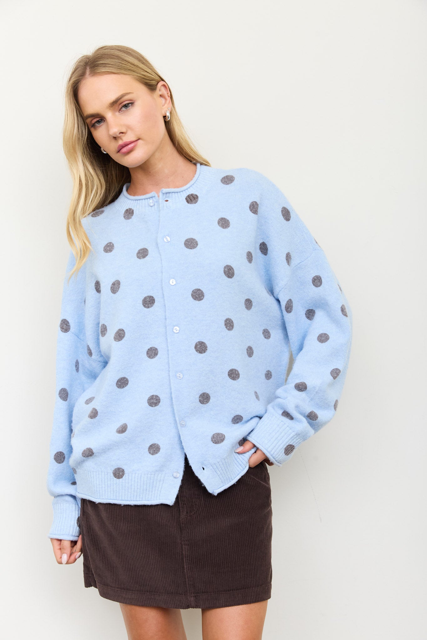 POLKA DOT RAW EDGE WIDE SLEEVE KNIT CARDIGAN (PRE-ORDER)