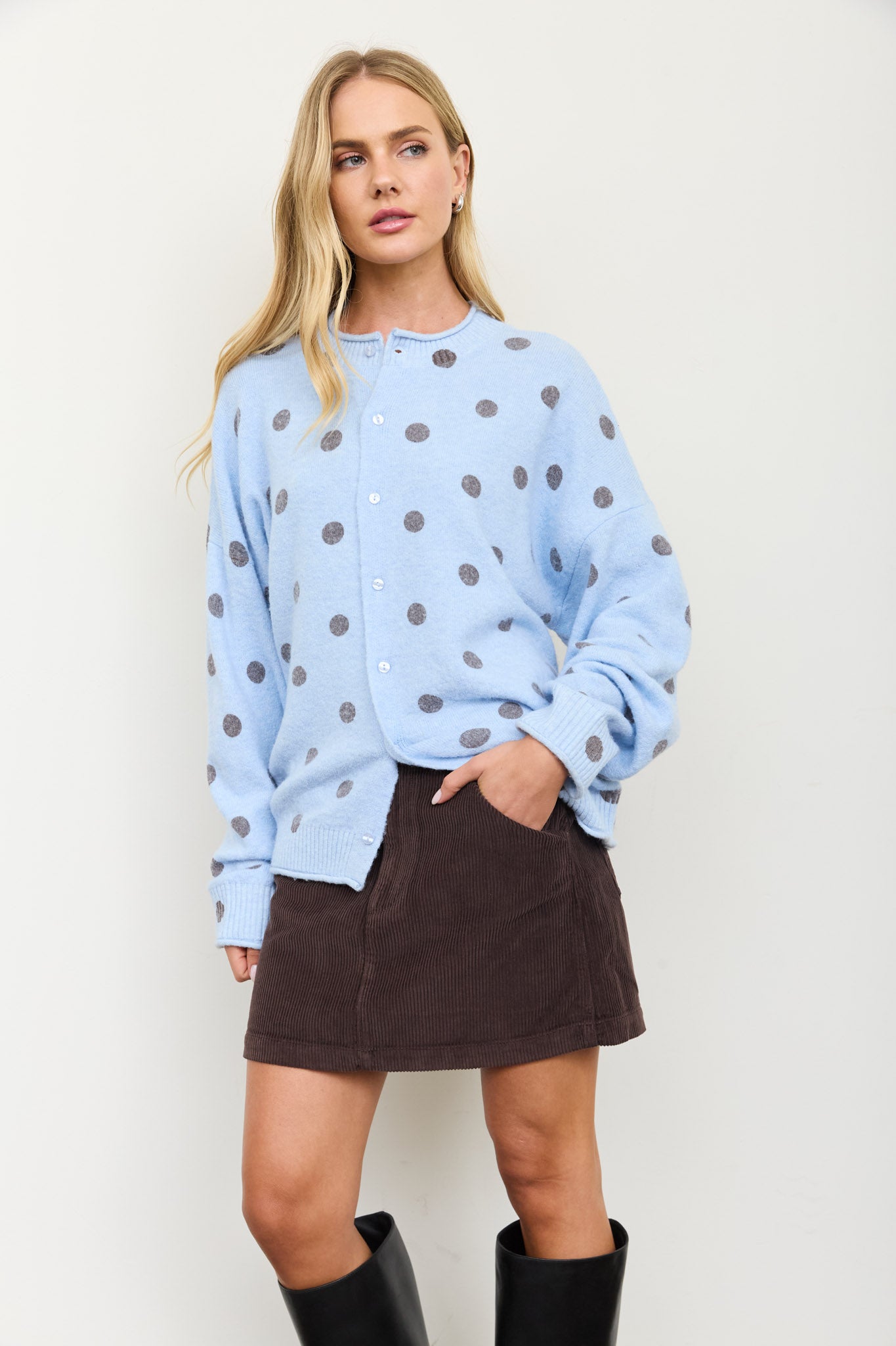 POLKA DOT RAW EDGE WIDE SLEEVE KNIT CARDIGAN (PRE-ORDER)
