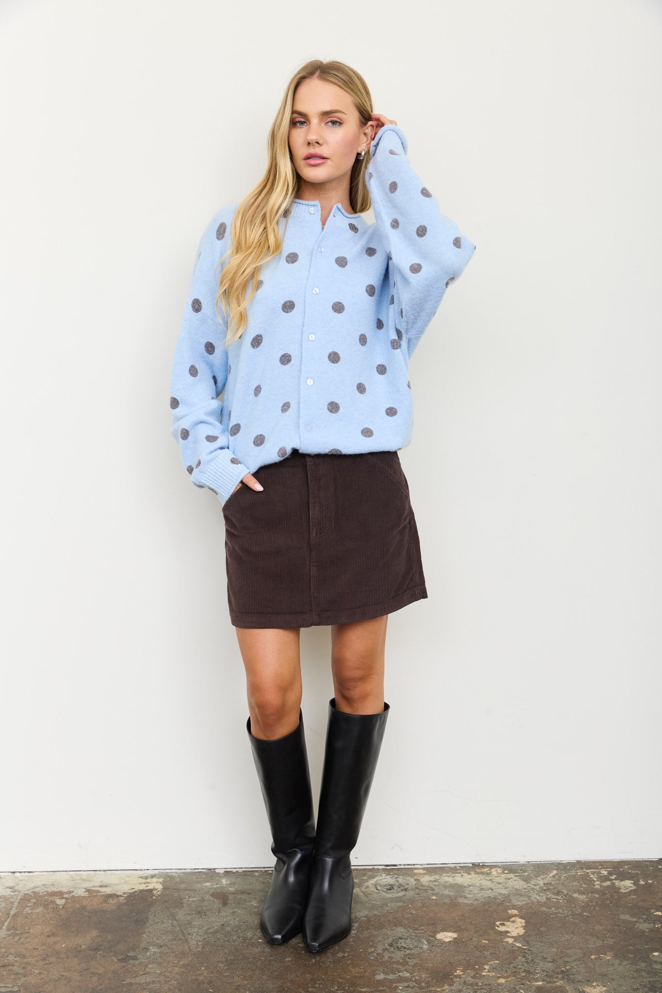 POLKA DOT RAW EDGE WIDE SLEEVE KNIT CARDIGAN (PRE-ORDER)