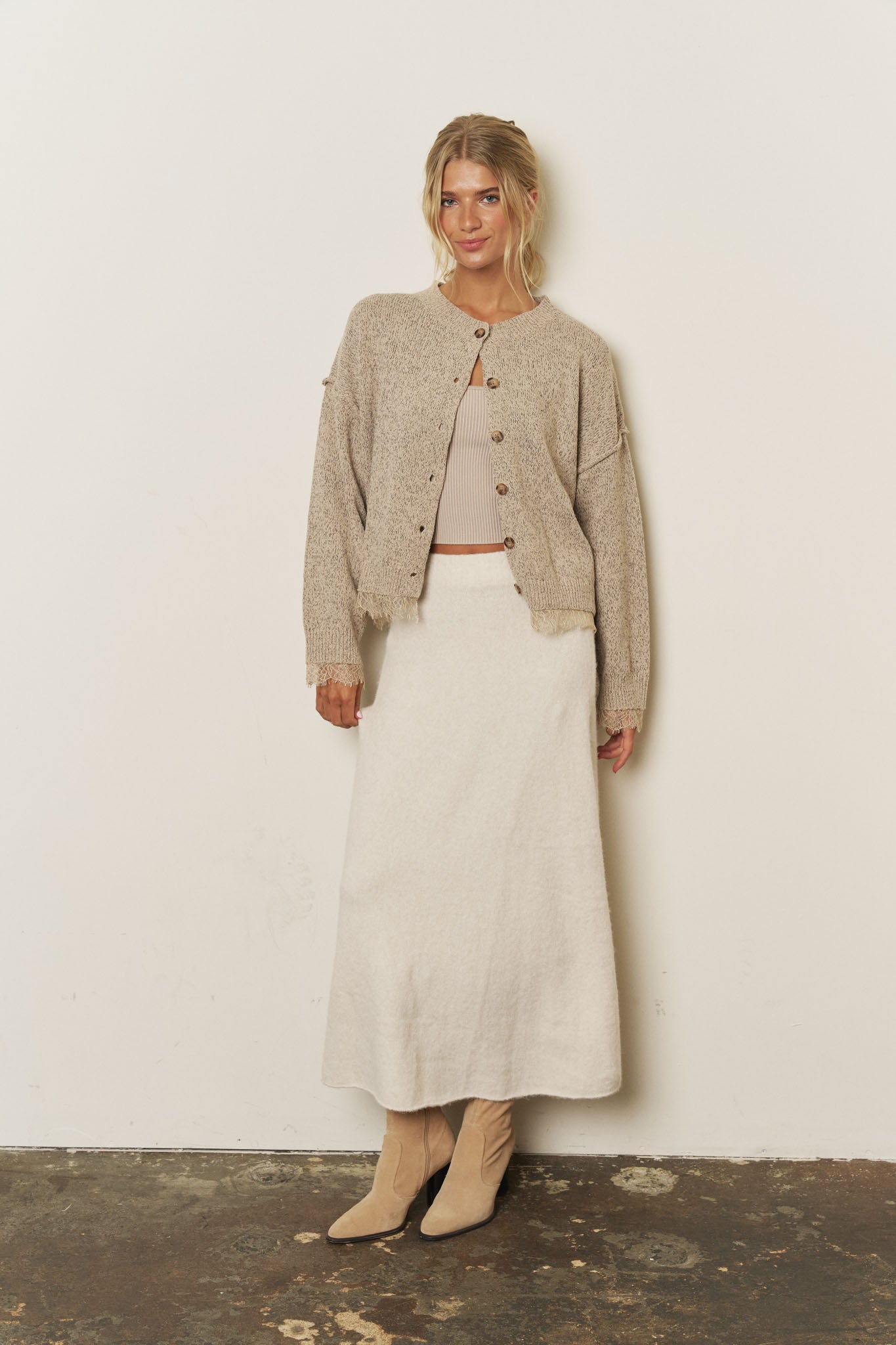 LACE TRIM EXPOSED SEAM BUTTON DOWN KNIT CARDIGAN (PRE-ORDER)