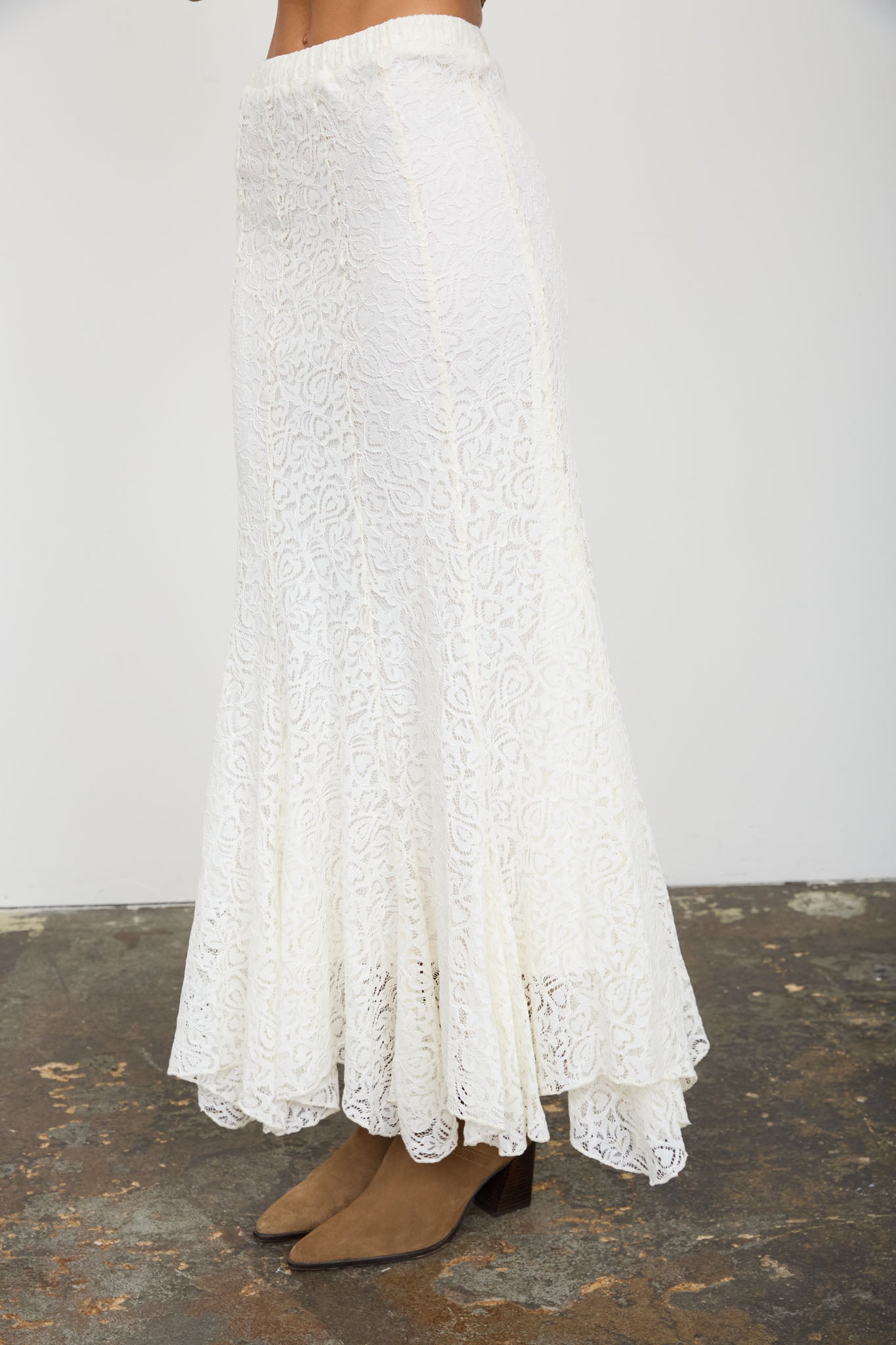 LACE PATTERN GODET MIDI SKIRT (PRE-ORDER)
