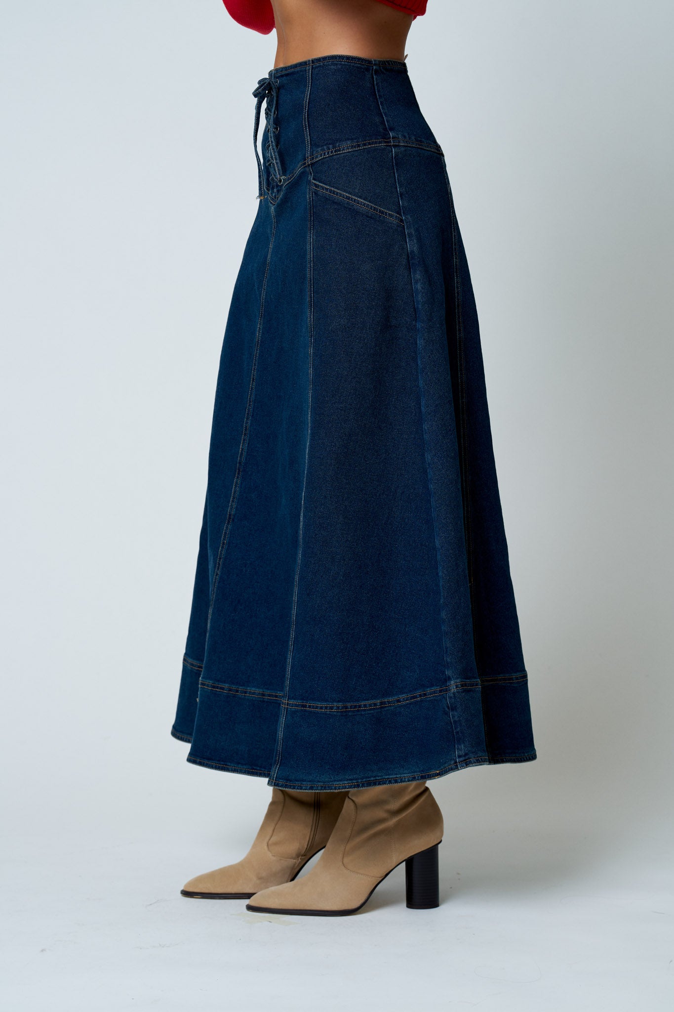 LACE-UP CORSET WAIST DENIM MIDI SKIRT