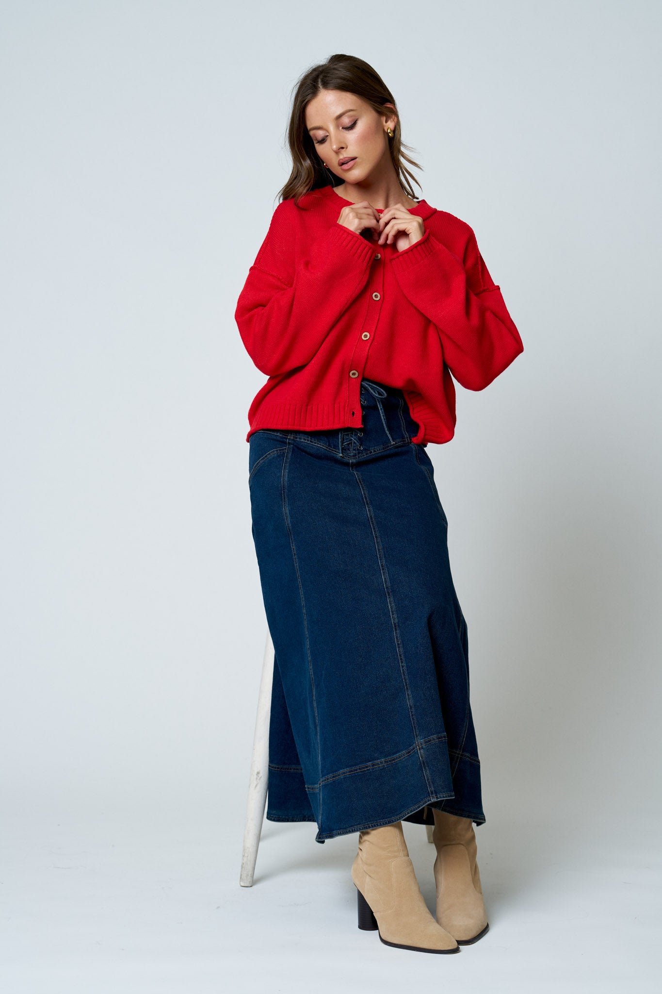 LACE-UP CORSET WAIST DENIM MIDI SKIRT