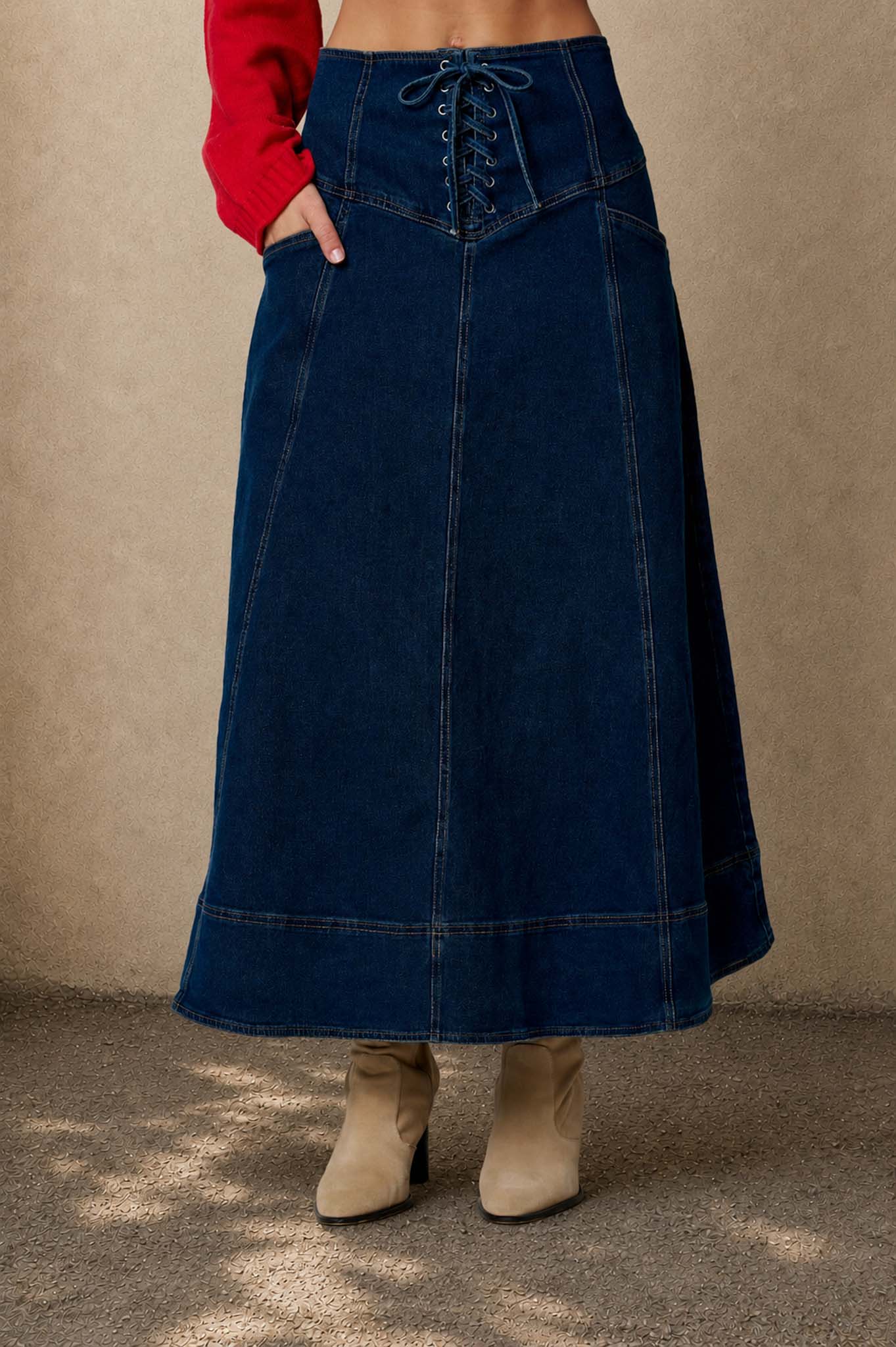LACE-UP CORSET WAIST DENIM MIDI SKIRT