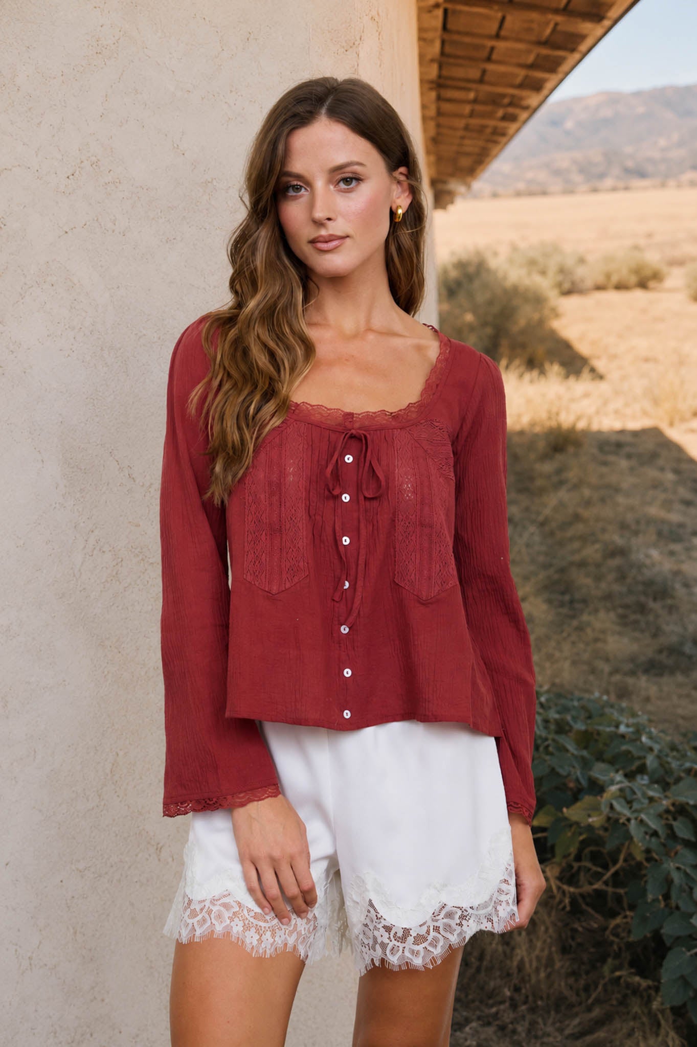 SCOOP NECK FRONT TIE LACE TRIM LONG SLEEVE TOP (PRE-ORDER)