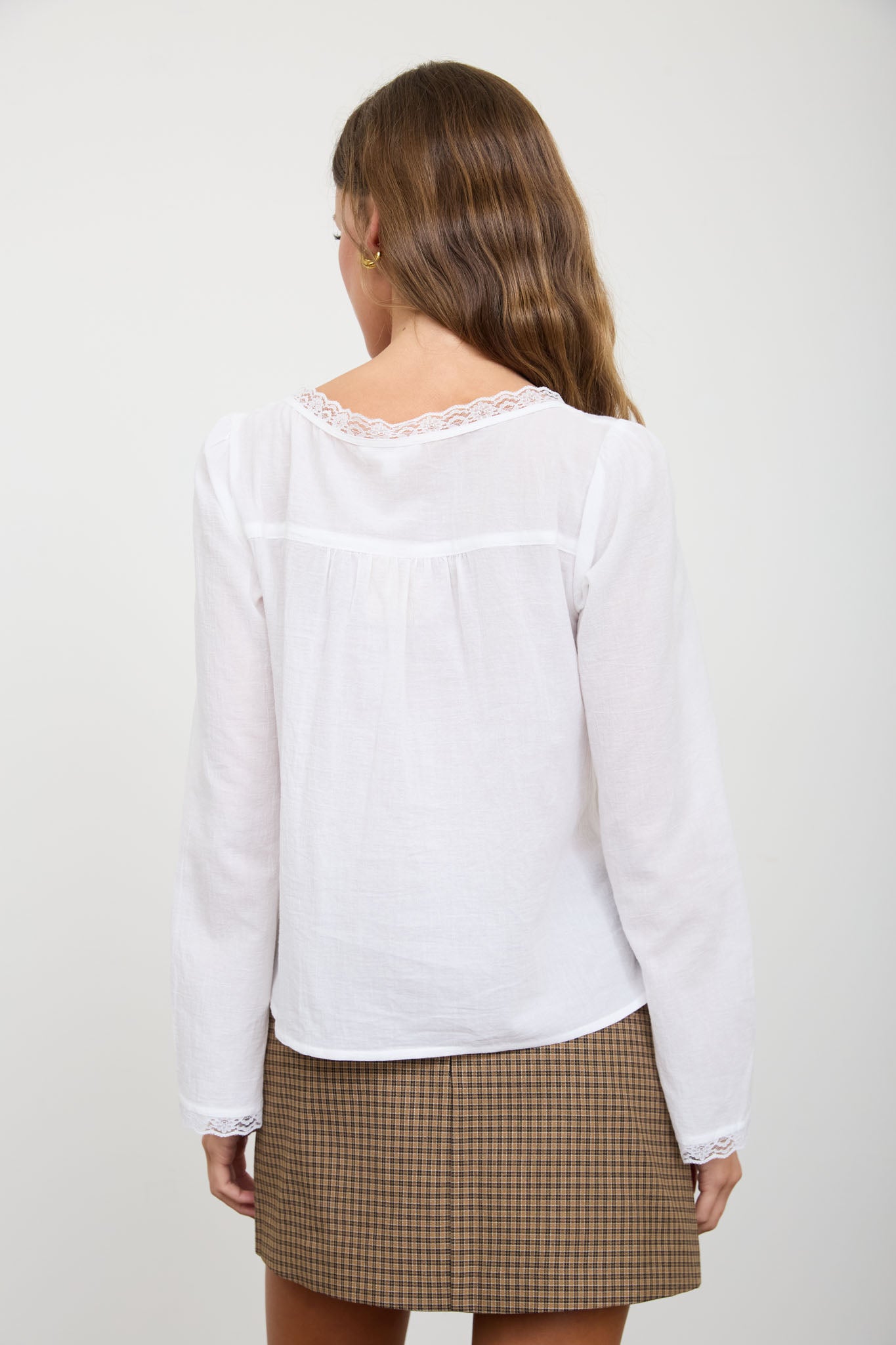 SCOOP NECK FRONT TIE LACE TRIM LONG SLEEVE TOP (PRE-ORDER)