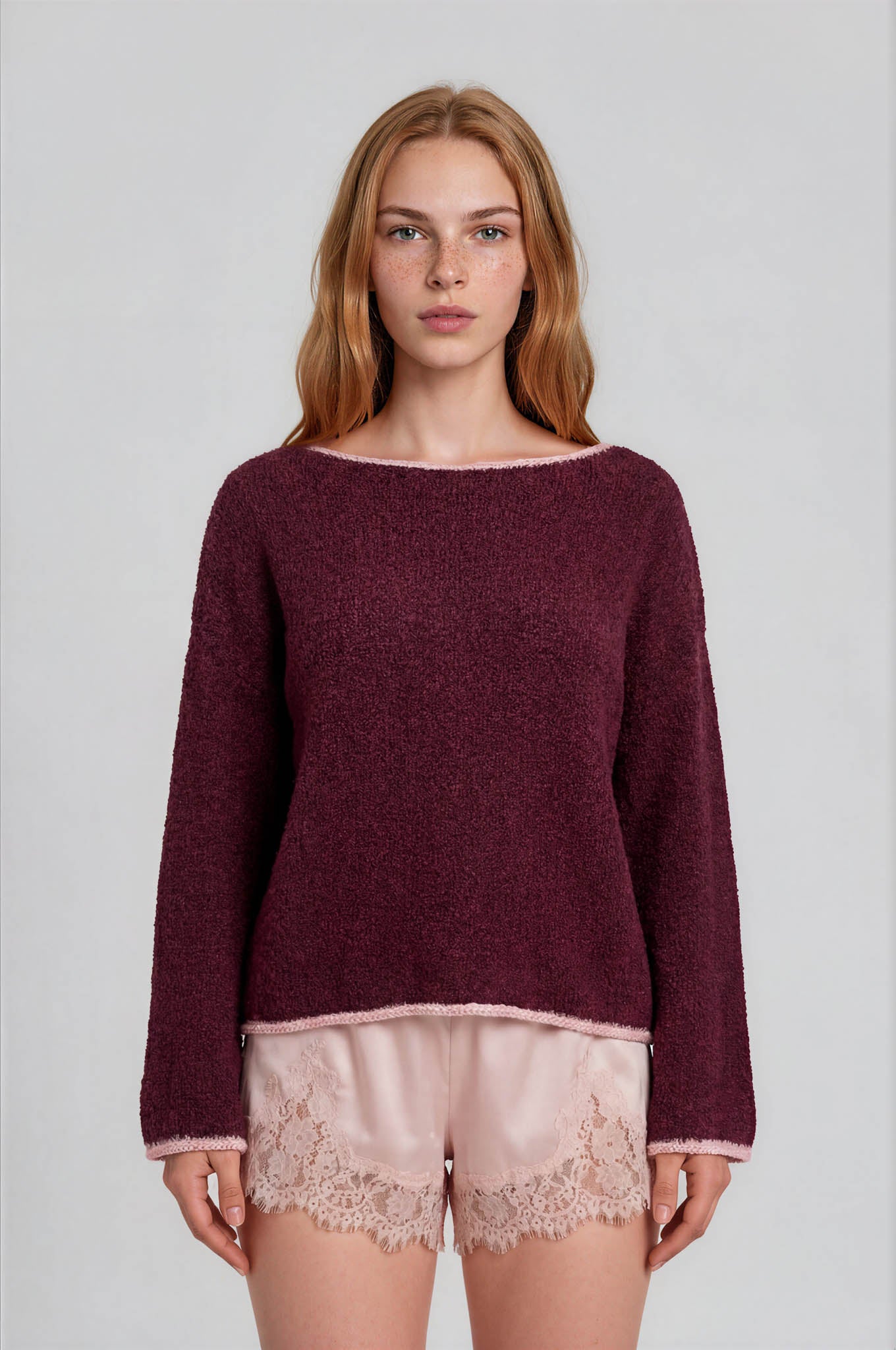 BOAT NECK CONTRAST TRIM LONG SLEEVE KNIT SWEATER (PRE-ORDER)