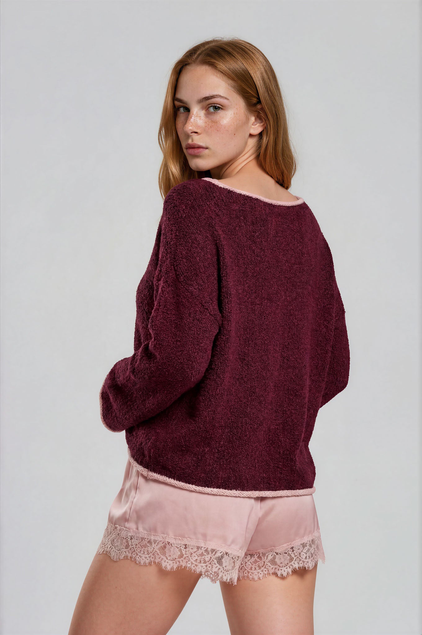 BOAT NECK CONTRAST TRIM LONG SLEEVE KNIT SWEATER (PRE-ORDER)