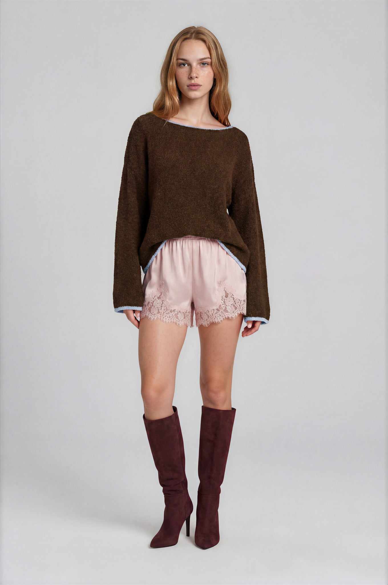 BOAT NECK CONTRAST TRIM LONG SLEEVE KNIT SWEATER (PRE-ORDER)