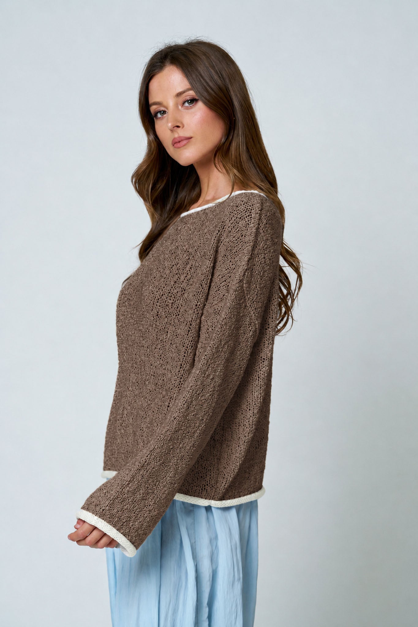 BOAT NECK CONTRAST TRIM LONG SLEEVE KNIT SWEATER (PRE-ORDER)