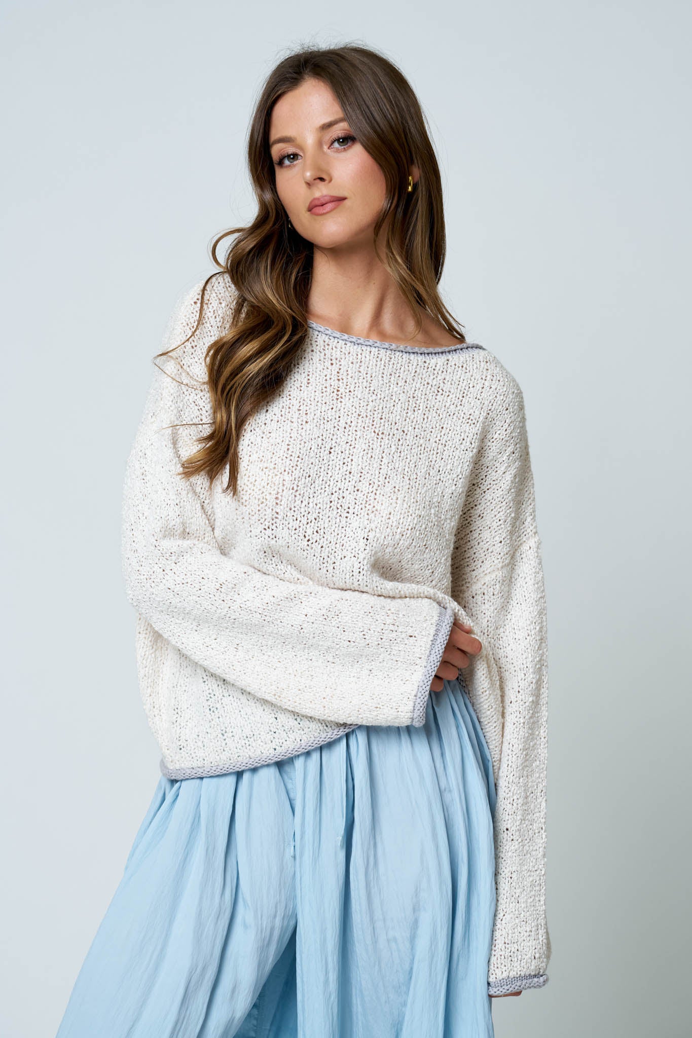 BOAT NECK CONTRAST TRIM LONG SLEEVE KNIT SWEATER (PRE-ORDER)