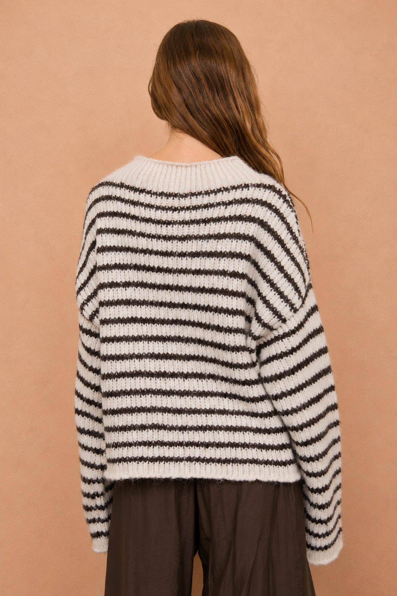 STRIPE ROLLED EDGE DETAIL LONG SLEEVE KNIT SWEATER (PRE-ORDER)
