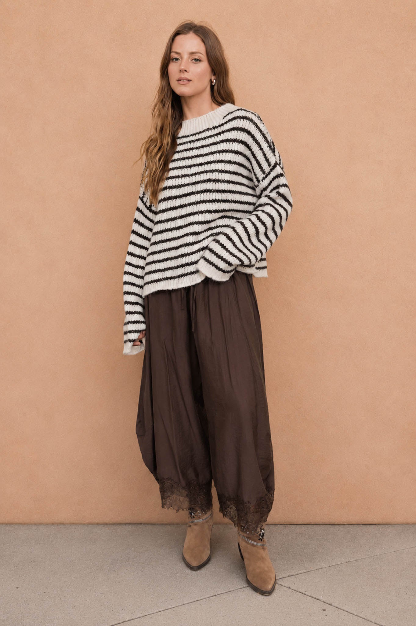 STRIPE ROLLED EDGE DETAIL LONG SLEEVE KNIT SWEATER (PRE-ORDER)