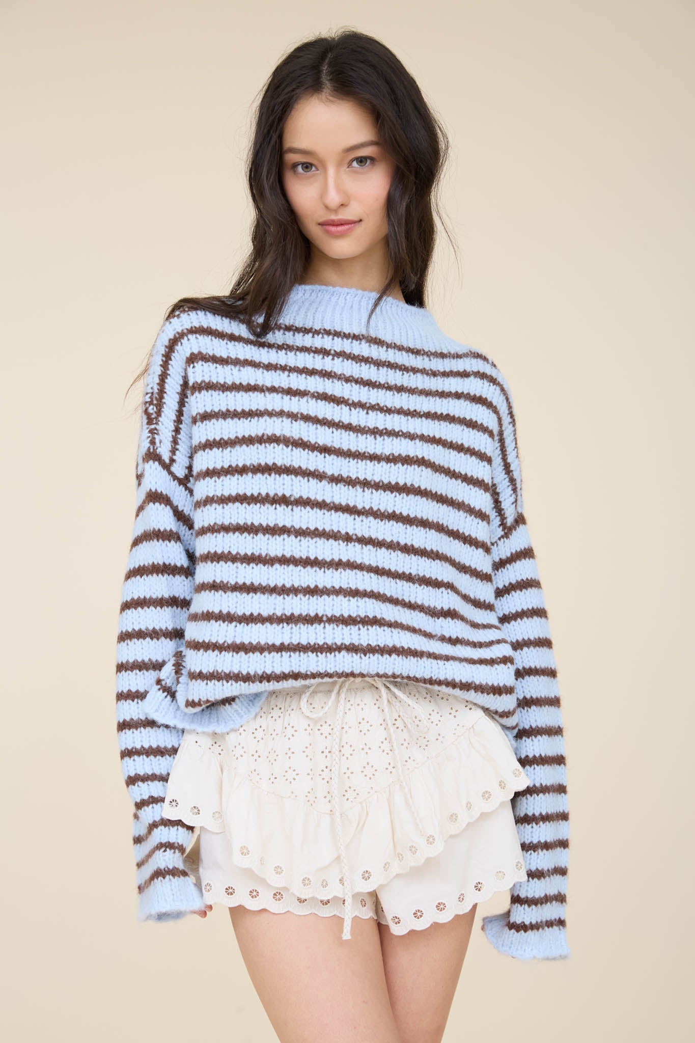 STRIPE ROLLED EDGE DETAIL LONG SLEEVE KNIT SWEATER (PRE-ORDER)