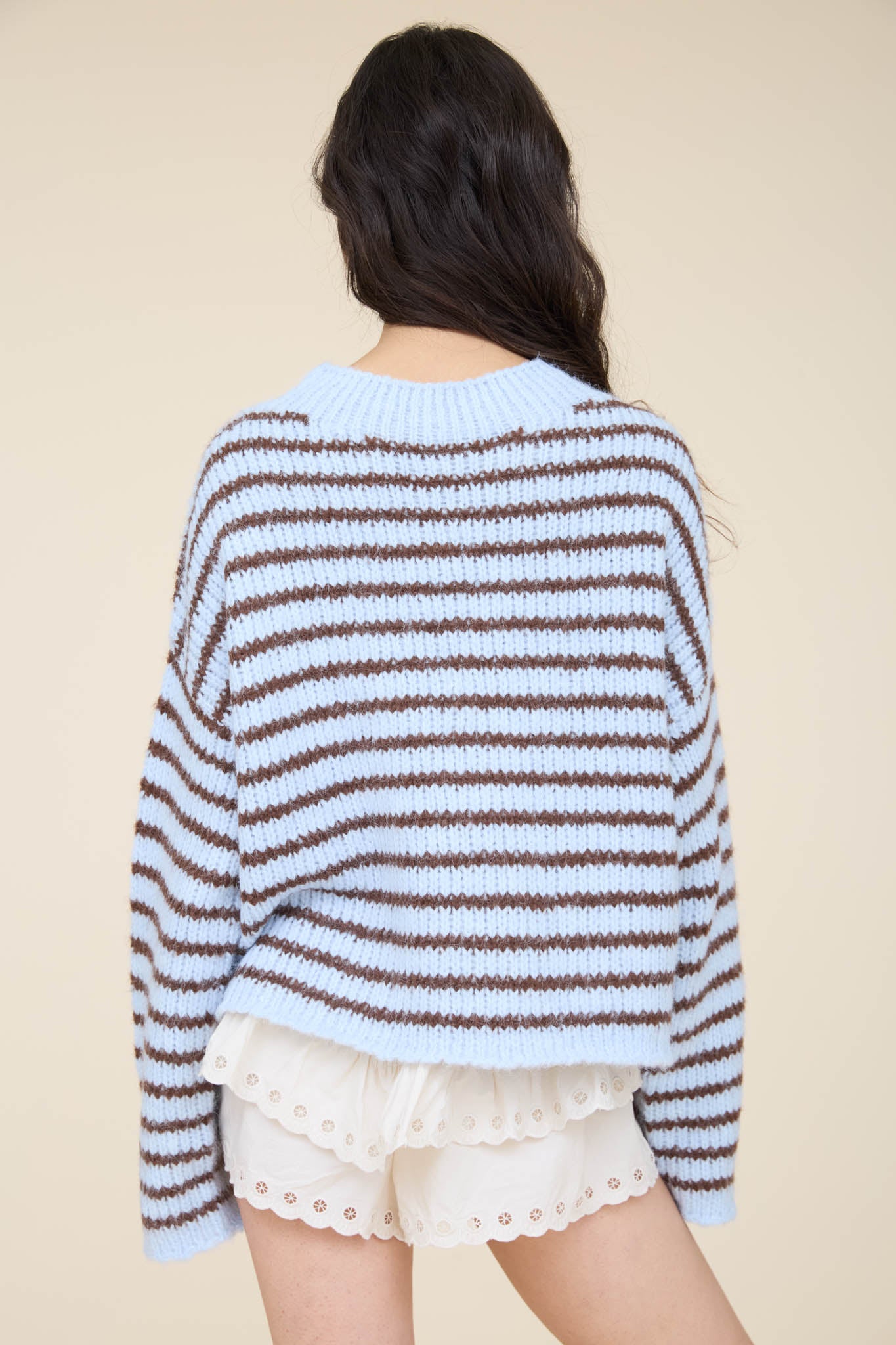 STRIPE ROLLED EDGE DETAIL LONG SLEEVE KNIT SWEATER (PRE-ORDER)